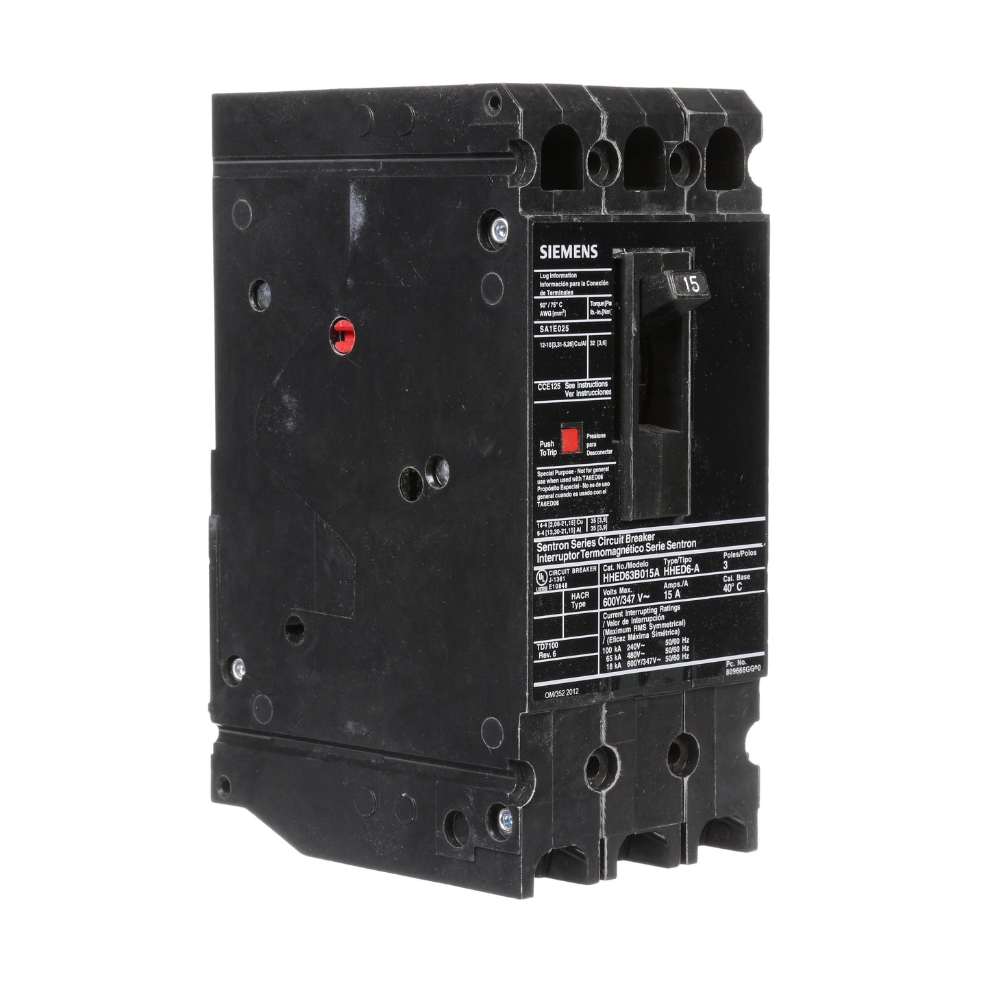 Siemens HHED63B015A Molded Case Circuit Breaker | 600V 15A 3P 65kA@480V Bolt-On Sentron Series