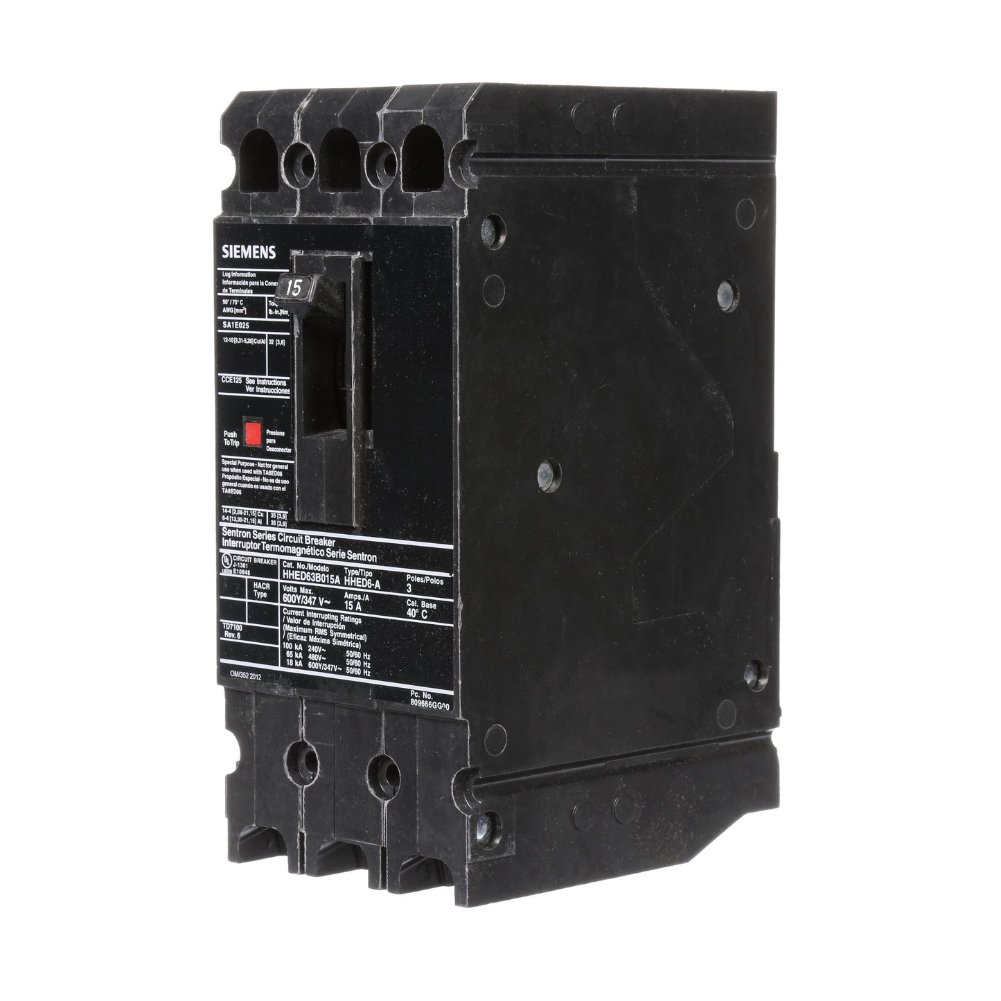 Siemens HHED63B015A Molded Case Circuit Breaker | 600V 15A 3P 65kA@480V Bolt-On Sentron Series
