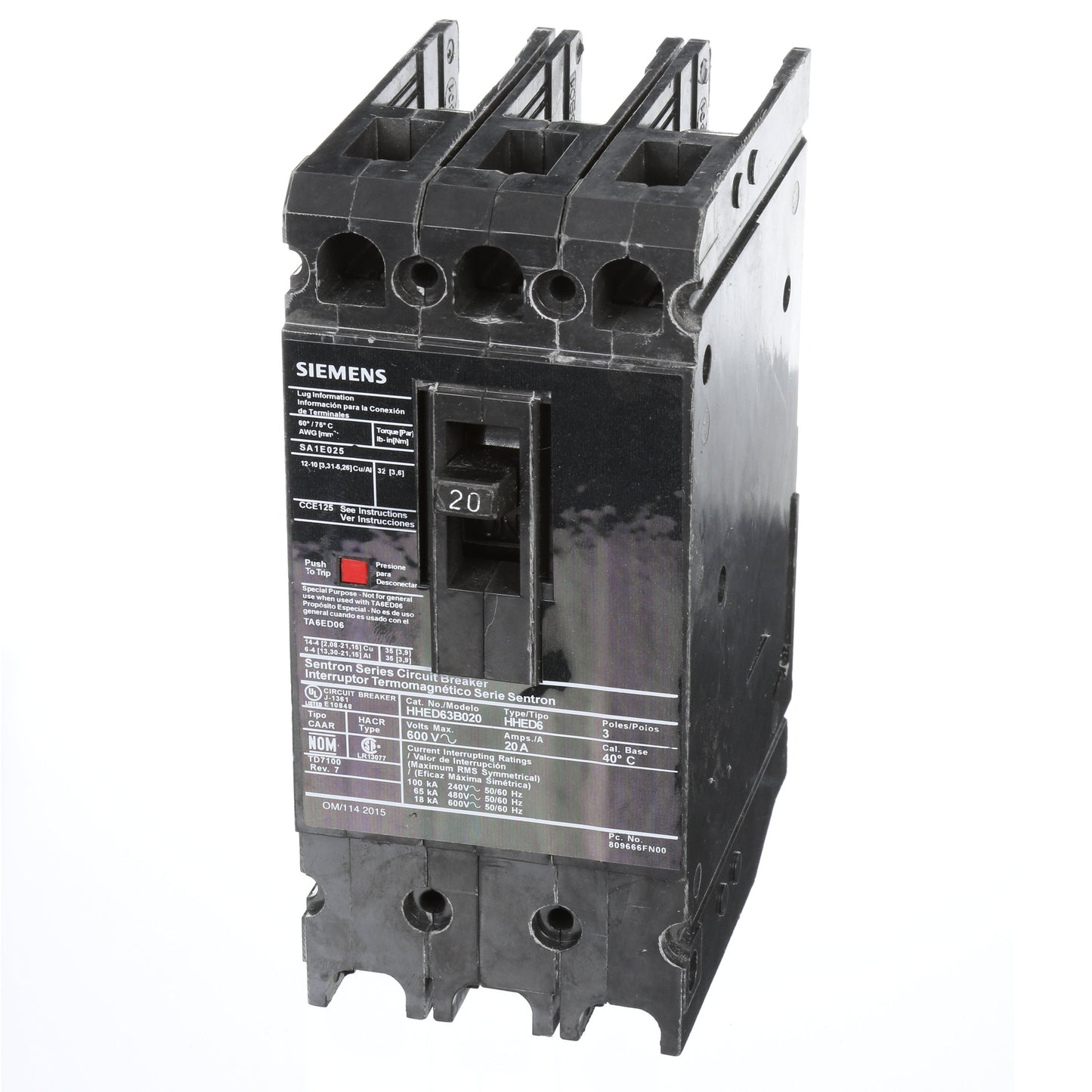 Siemens HHED63B020L Circuit Breaker | Sentron Series HHED 600V 20A