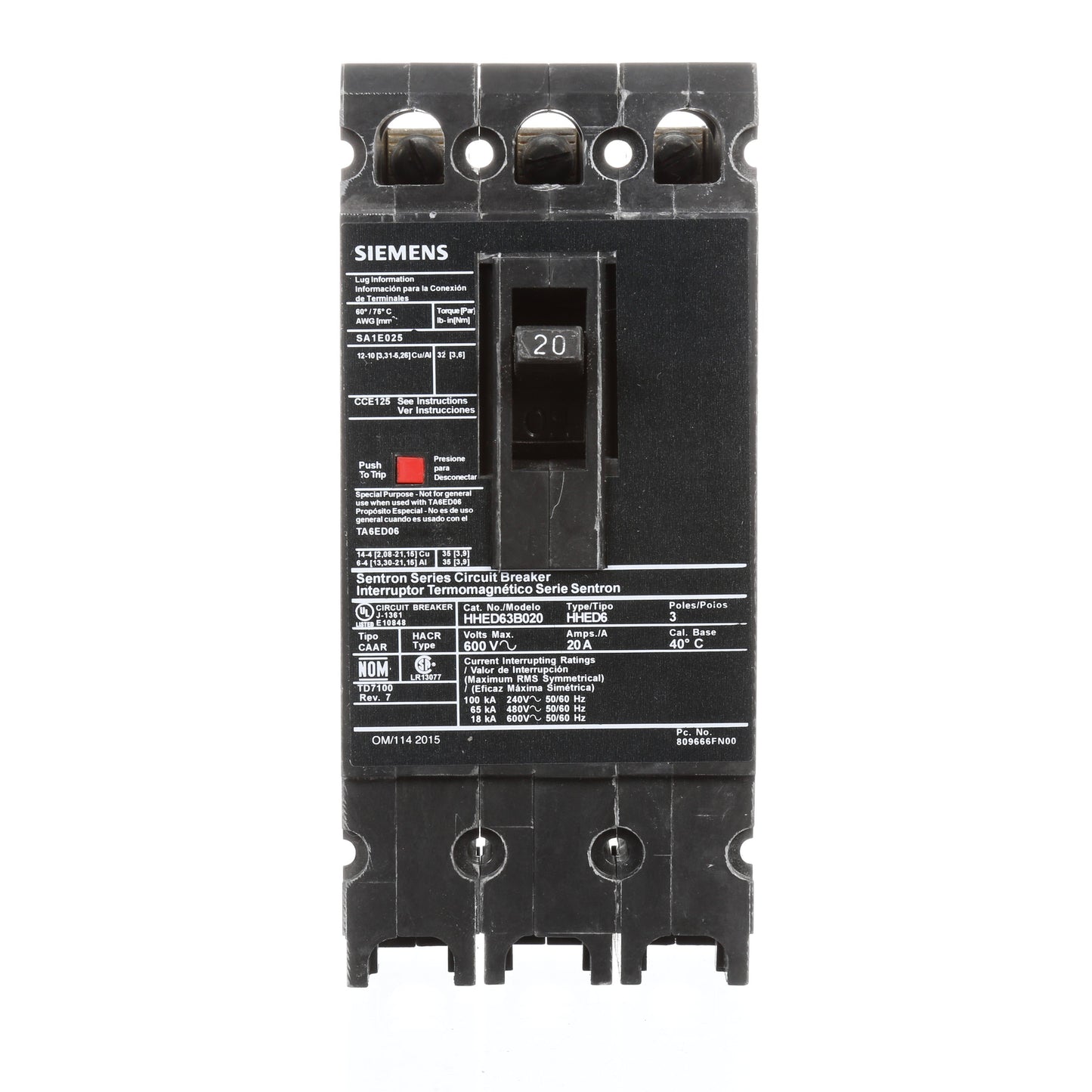 Siemens HHED63B020L Circuit Breaker | Sentron Series HHED 600V 20A