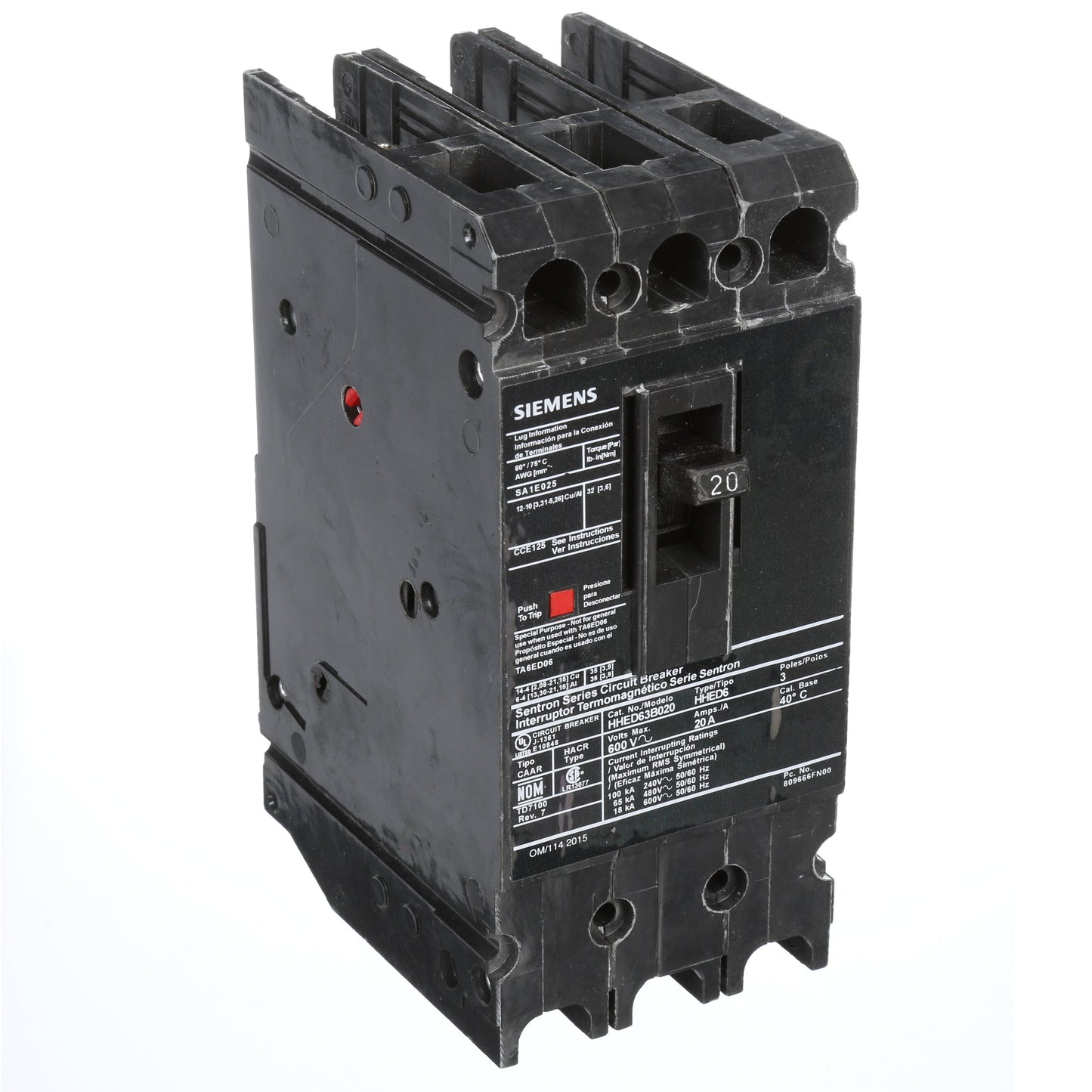 Siemens HHED63B020L Circuit Breaker | Sentron Series HHED 600V 20A