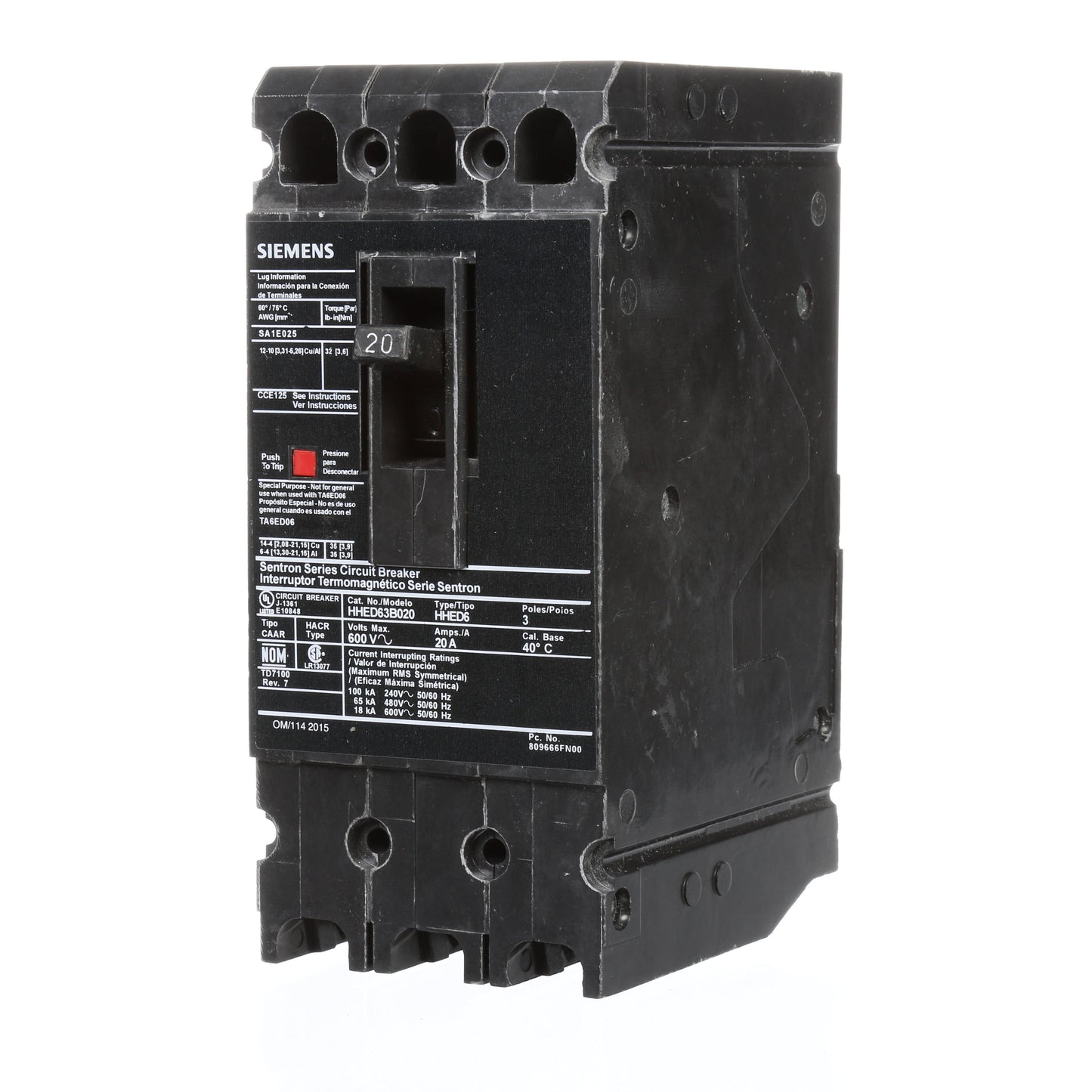 Siemens HHED63B020L Circuit Breaker | Sentron Series HHED 600V 20A