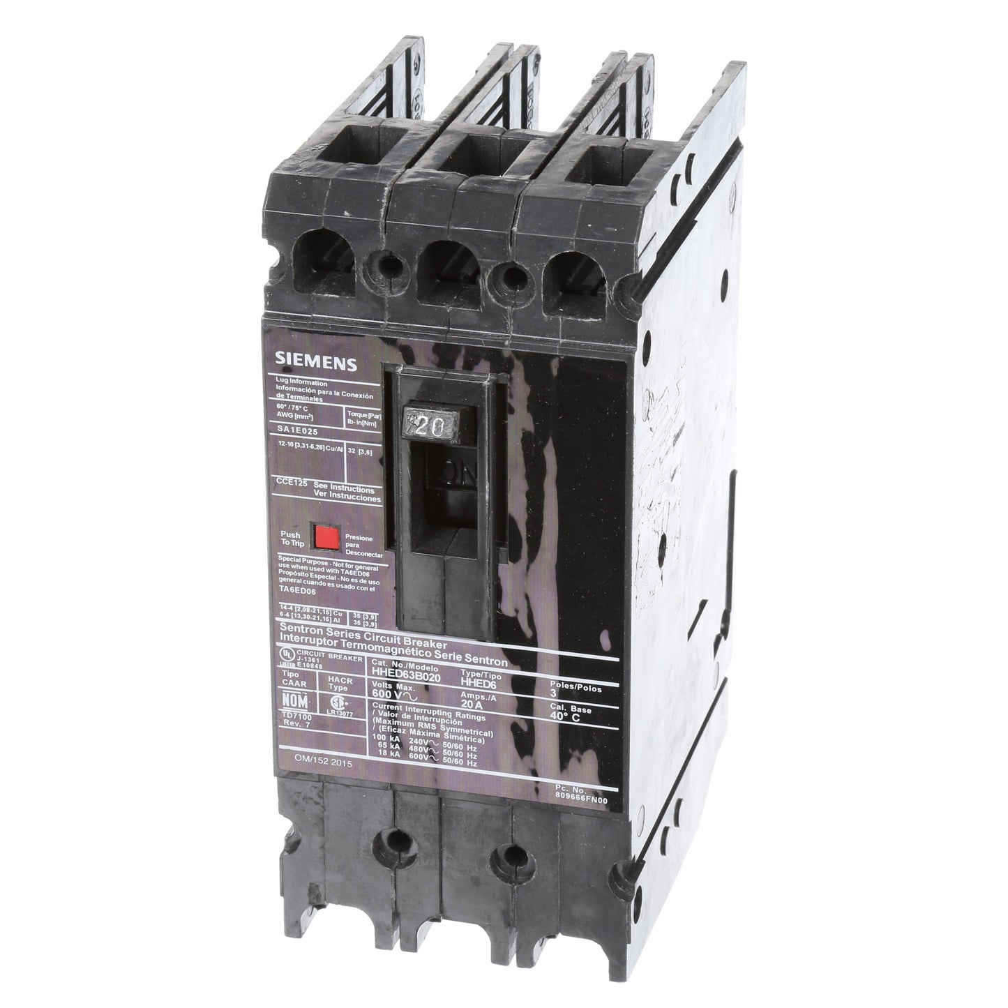 Siemens HHED63B020 Molded Case Circuit Breaker | 600V 20A 3P 65kA@480V Bolt-On Sentron Series