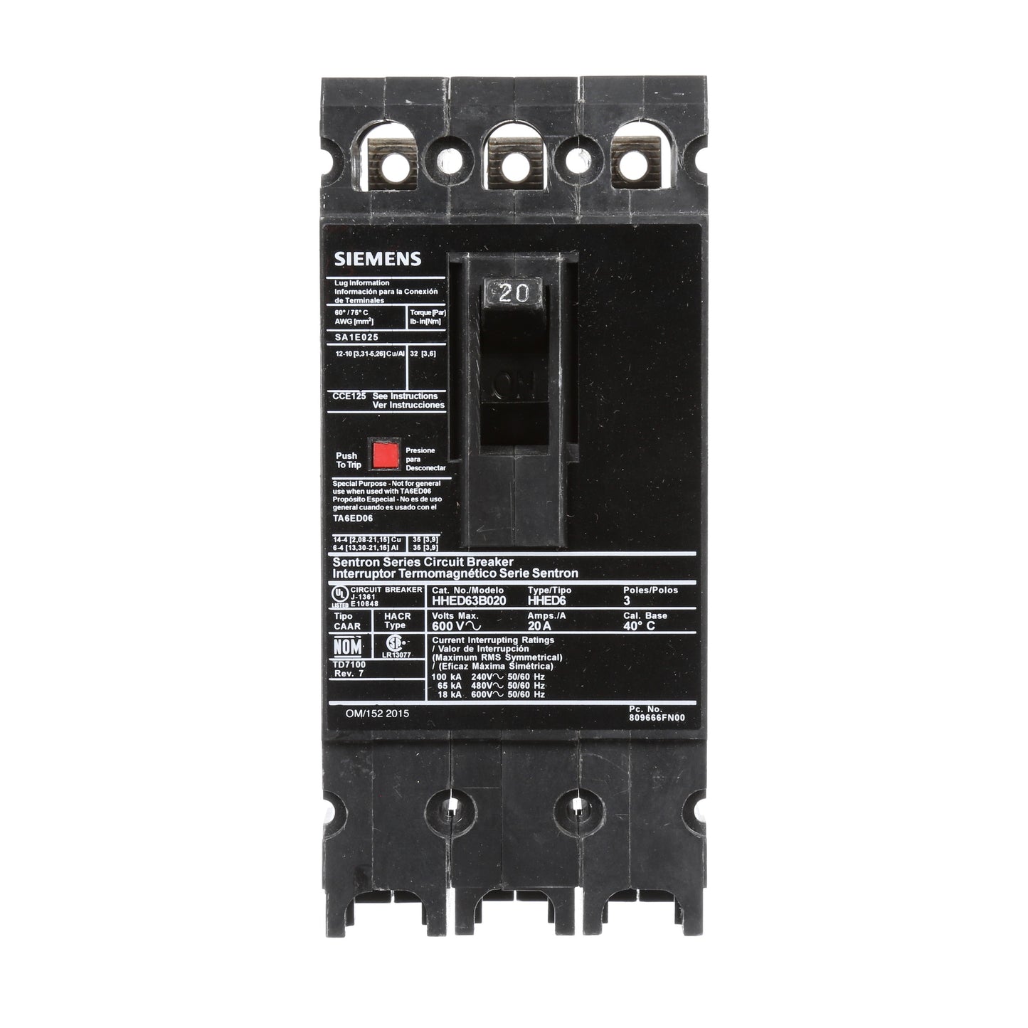 Siemens HHED63B020 Molded Case Circuit Breaker | 600V 20A 3P 65kA@480V Bolt-On Sentron Series