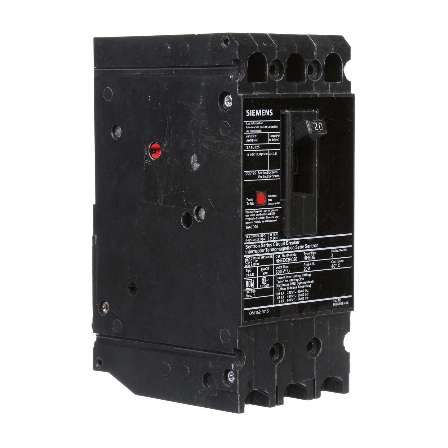 Siemens HHED63B020 Molded Case Circuit Breaker | 600V 20A 3P 65kA@480V Bolt-On Sentron Series