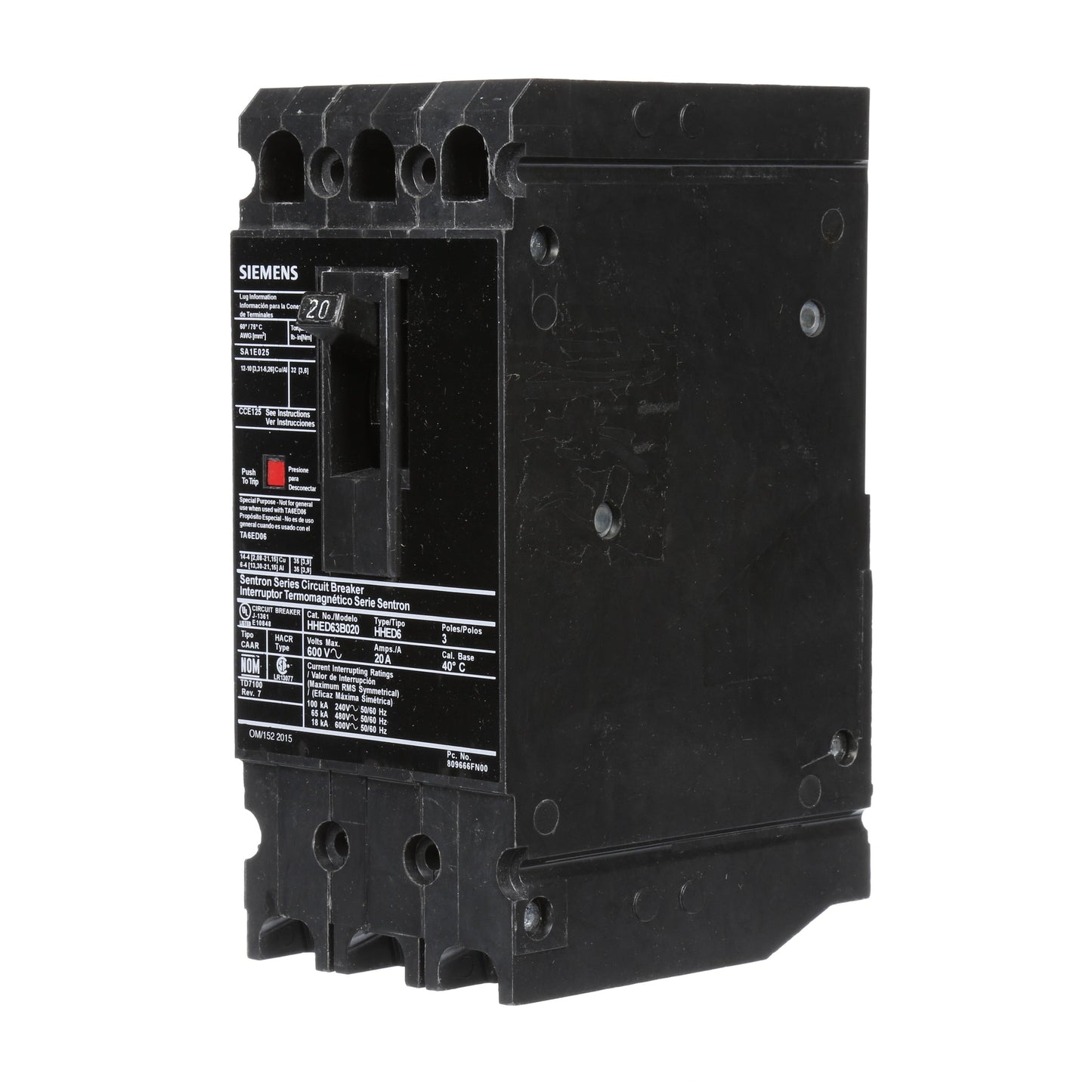 Siemens HHED63B020 Molded Case Circuit Breaker | 600V 20A 3P 65kA@480V Bolt-On Sentron Series