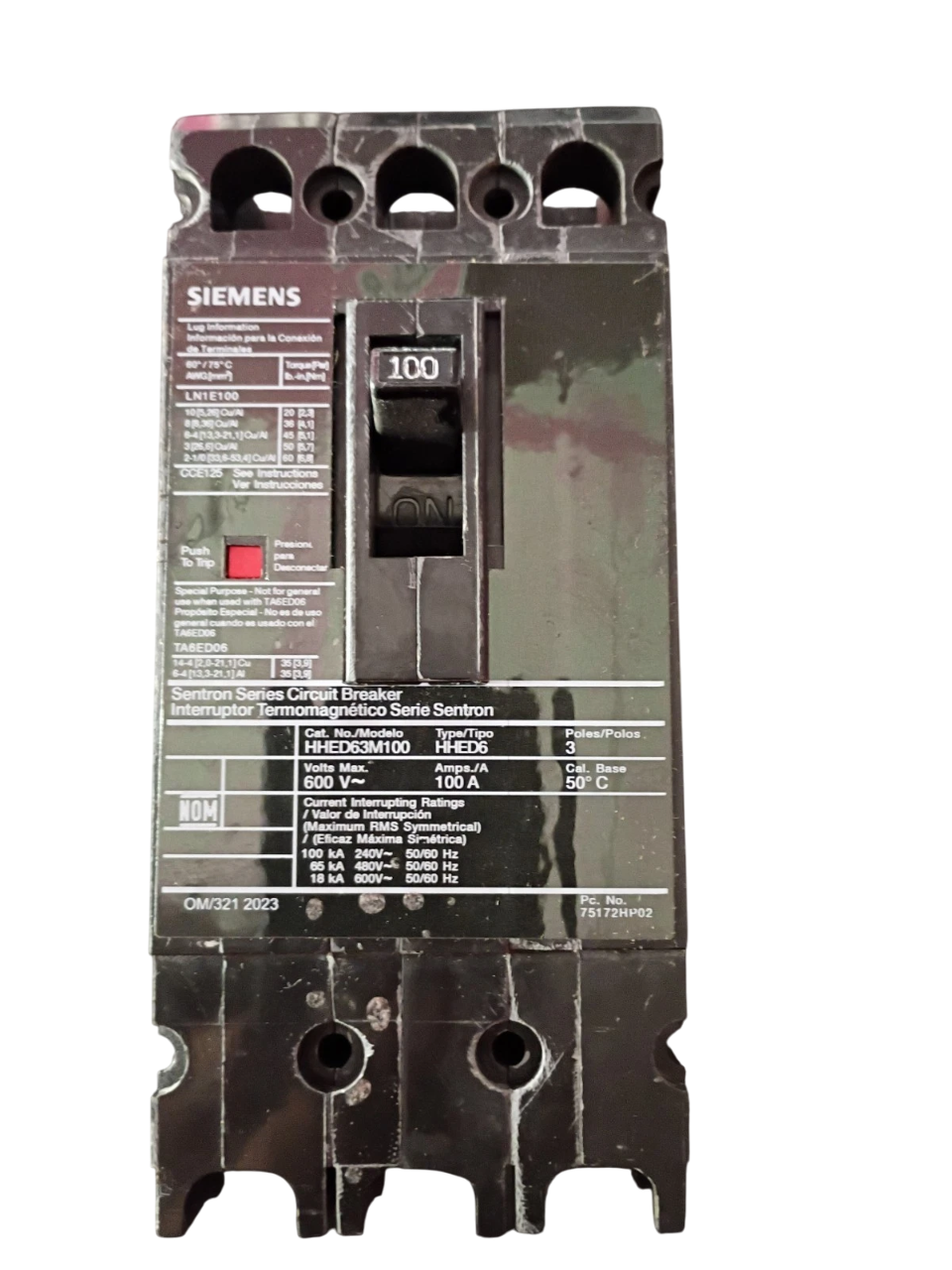 Siemens HHED63B090L Circuit Breaker | 600V 90A 3P 65kA@480V Feed-Thru Sentron Series