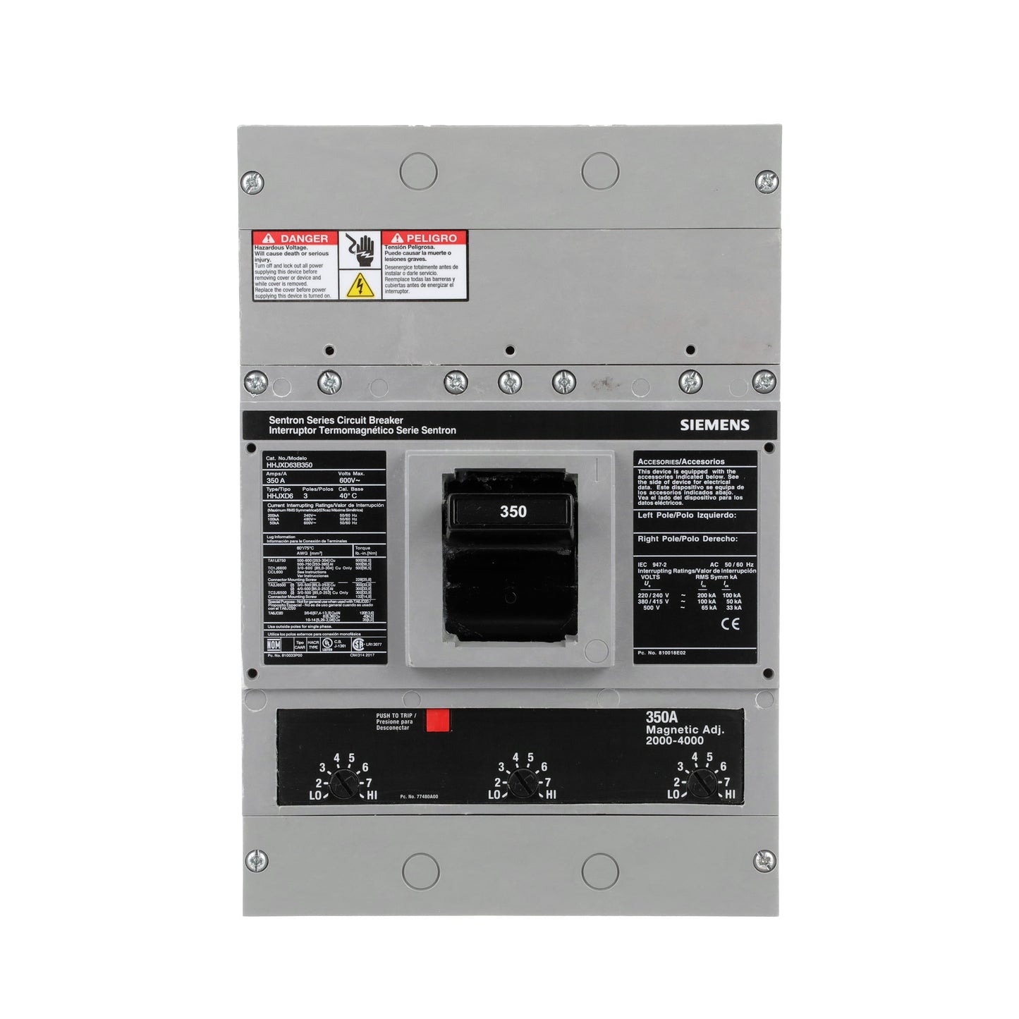 Siemens HHJXD63B350 Molded Case Circuit Breaker | 600V 350A 3P 100kA@480V Bolt-On Sentron Series