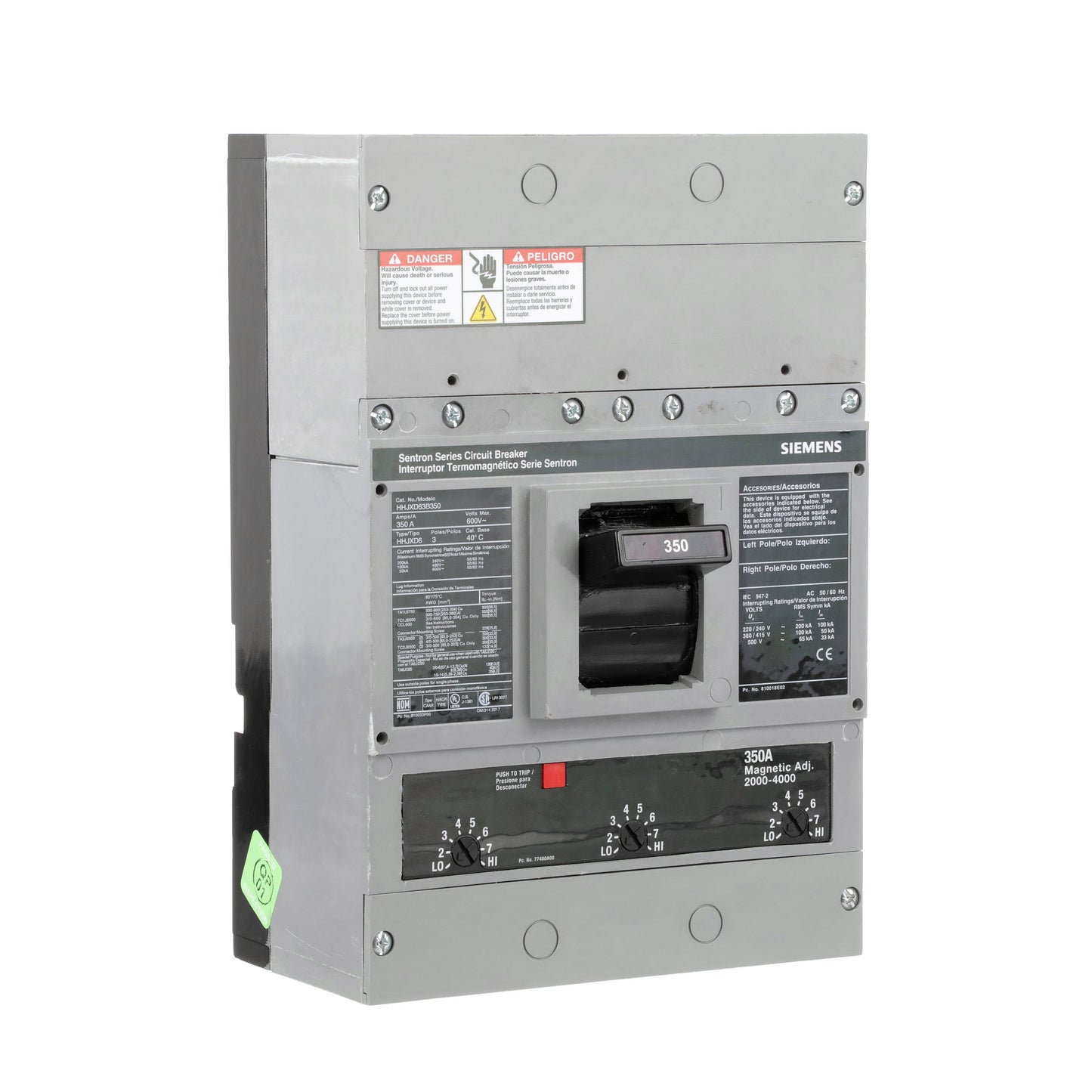 Siemens HHJXD63B350 Molded Case Circuit Breaker | 600V 350A 3P 100kA@480V Bolt-On Sentron Series