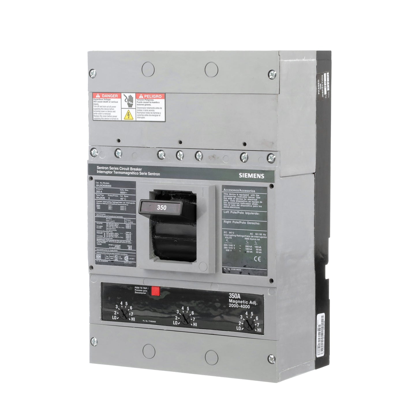 Siemens HHJXD63B350 Molded Case Circuit Breaker | 600V 350A 3P 100kA@480V Bolt-On Sentron Series