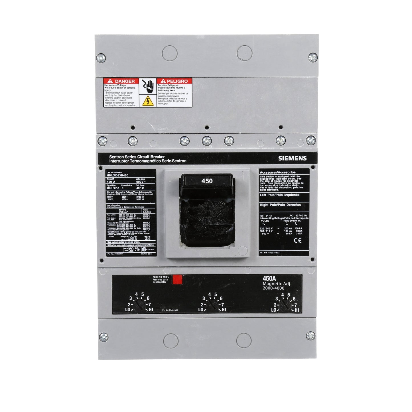 Siemens HHLXD63B450 Molded Case Circuit Breaker | 600V 450A 3P 100kA@480V Bolt-On Sentron Series