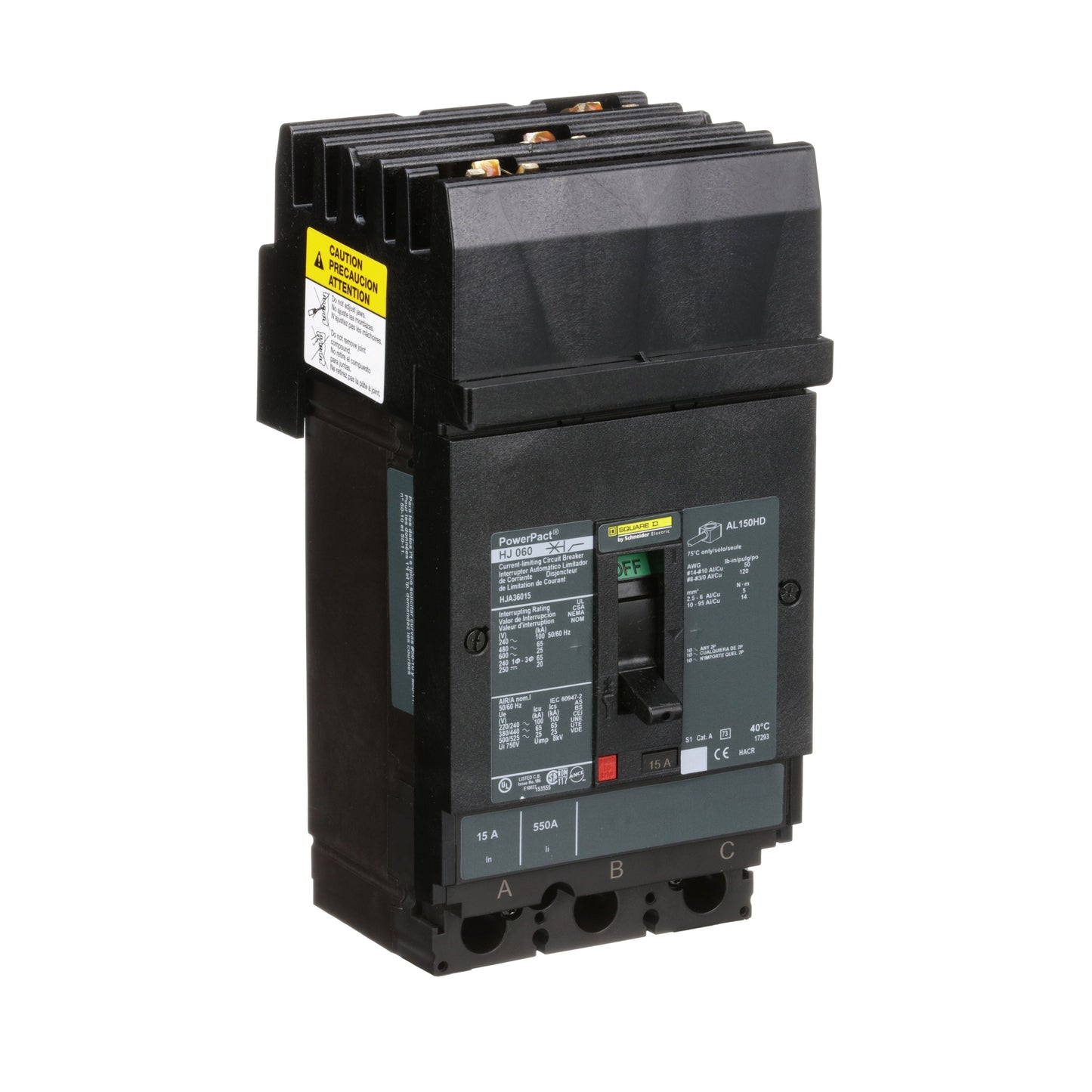 Square D HJA36015 Circuit Breaker | 600V 15A 3P 65kA@480V I-Line Style Plug-In Powerpact