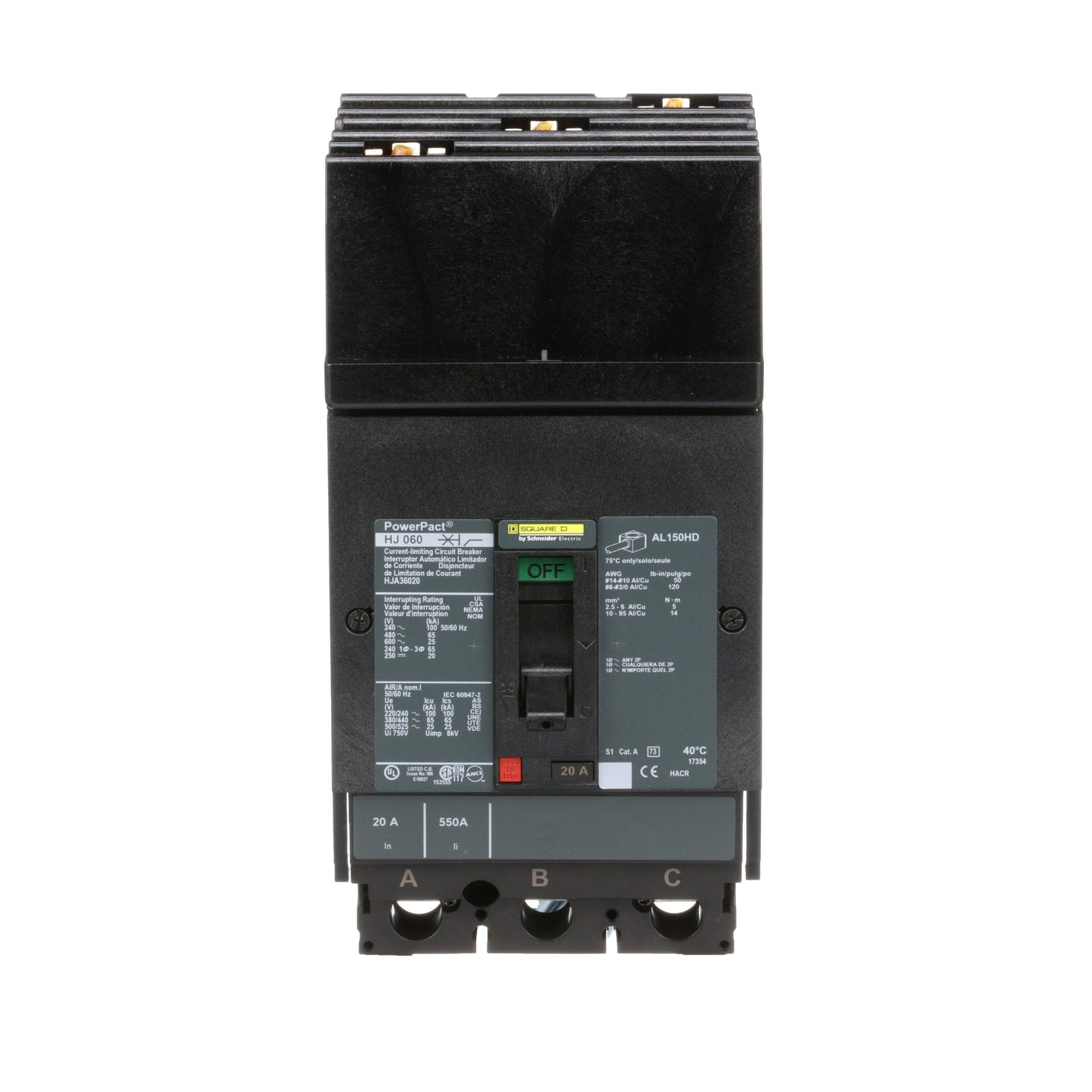 Square D HJA36020 Circuit Breaker | 600V 20A 3P 65kA@480V I-Line Style Plug-In Powerpact