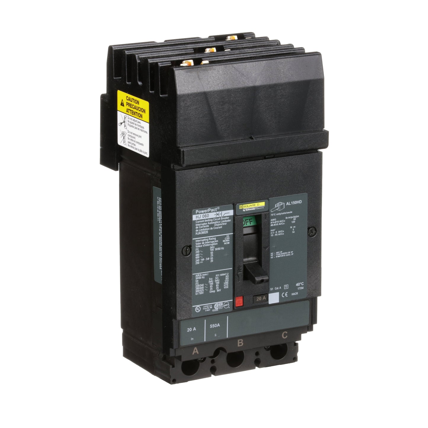 Square D HJA36020 Circuit Breaker | 600V 20A 3P 65kA@480V I-Line Style Plug-In Powerpact