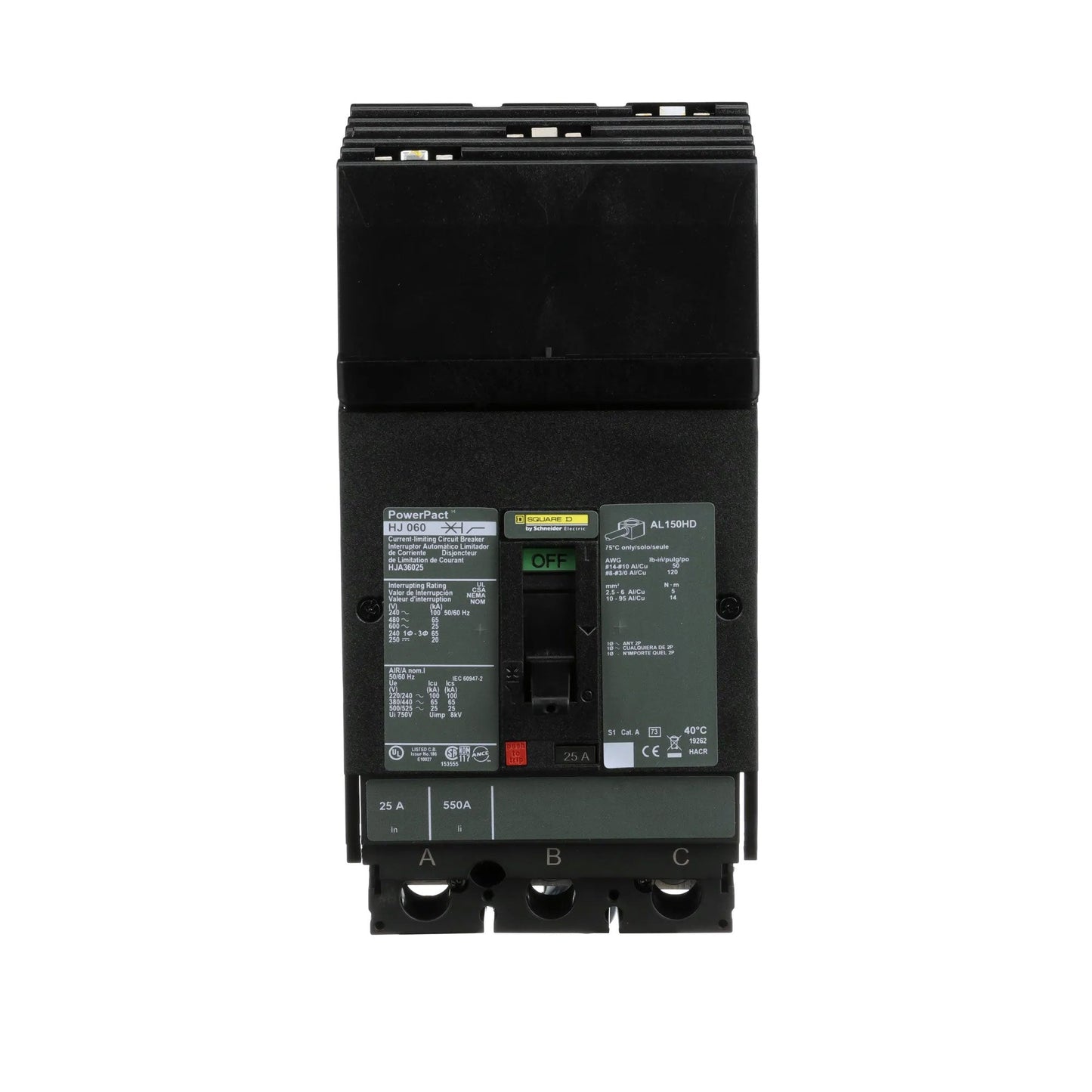 Square D HJA36025 Circuit Breaker | 600V 25A 3P 65kA@480V I-Line Style Plug-In Powerpact