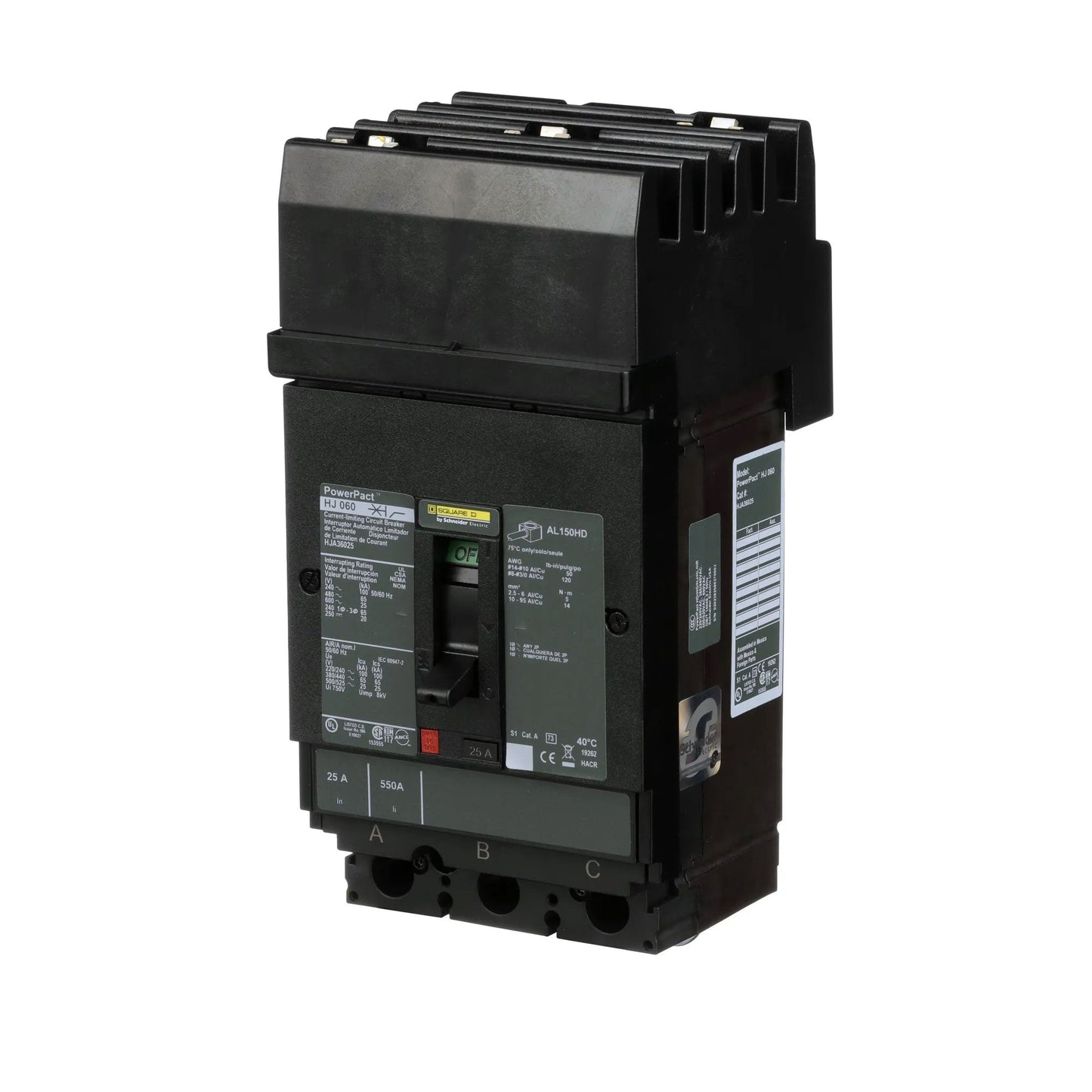 Square D HJA36025 Circuit Breaker | 600V 25A 3P 65kA@480V I-Line Style Plug-In Powerpact