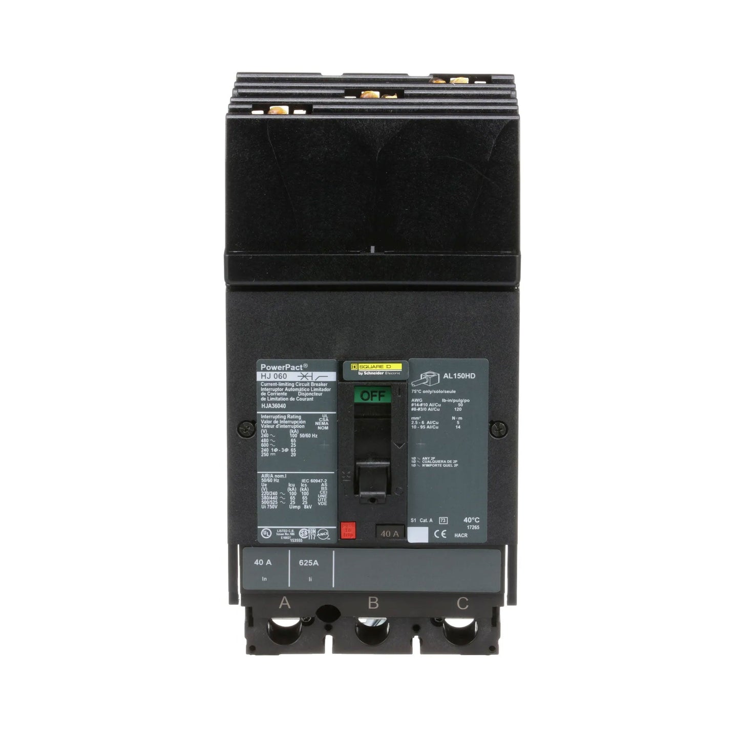 Square D HJA36040 Circuit Breaker | 600V 40A 3P 65kA@480V I-Line Style Plug-In Powerpact