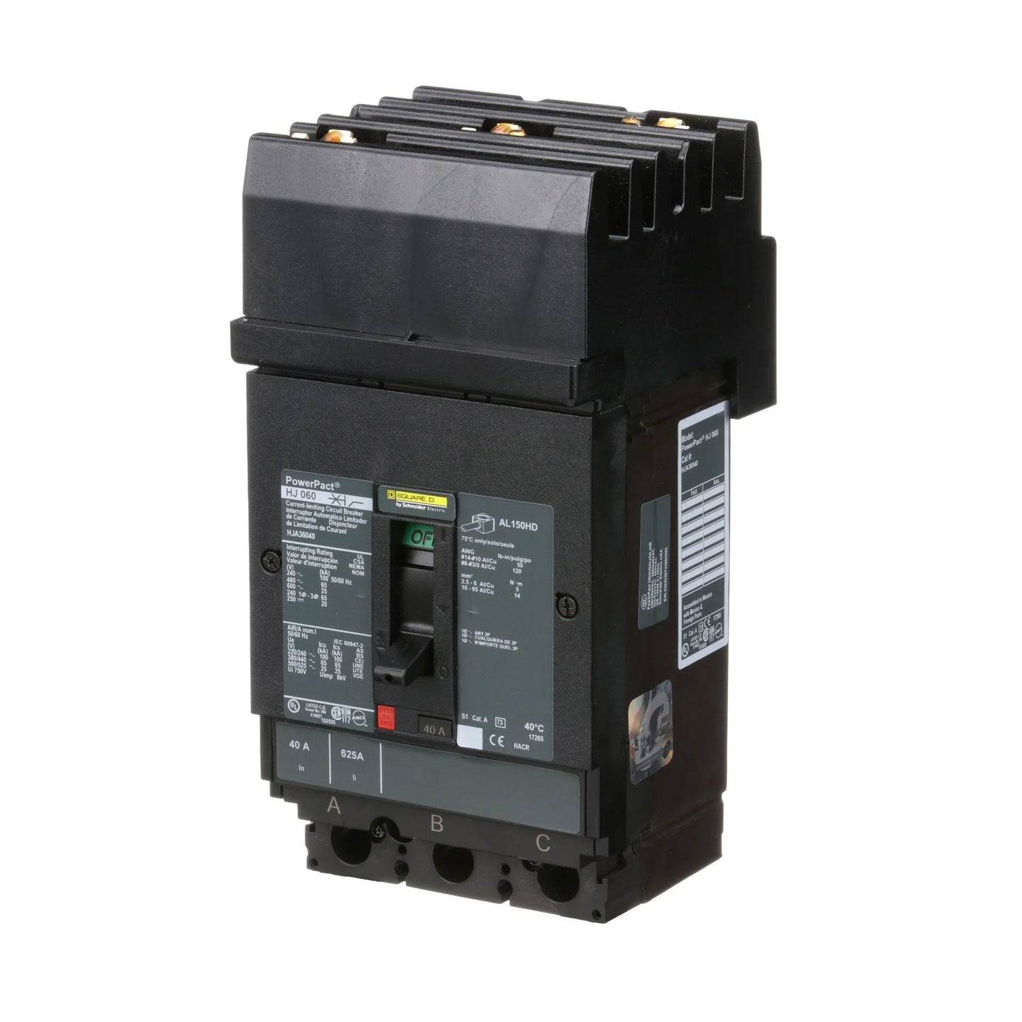Square D HJA36040 Circuit Breaker | 600V 40A 3P 65kA@480V I-Line Style Plug-In Powerpact