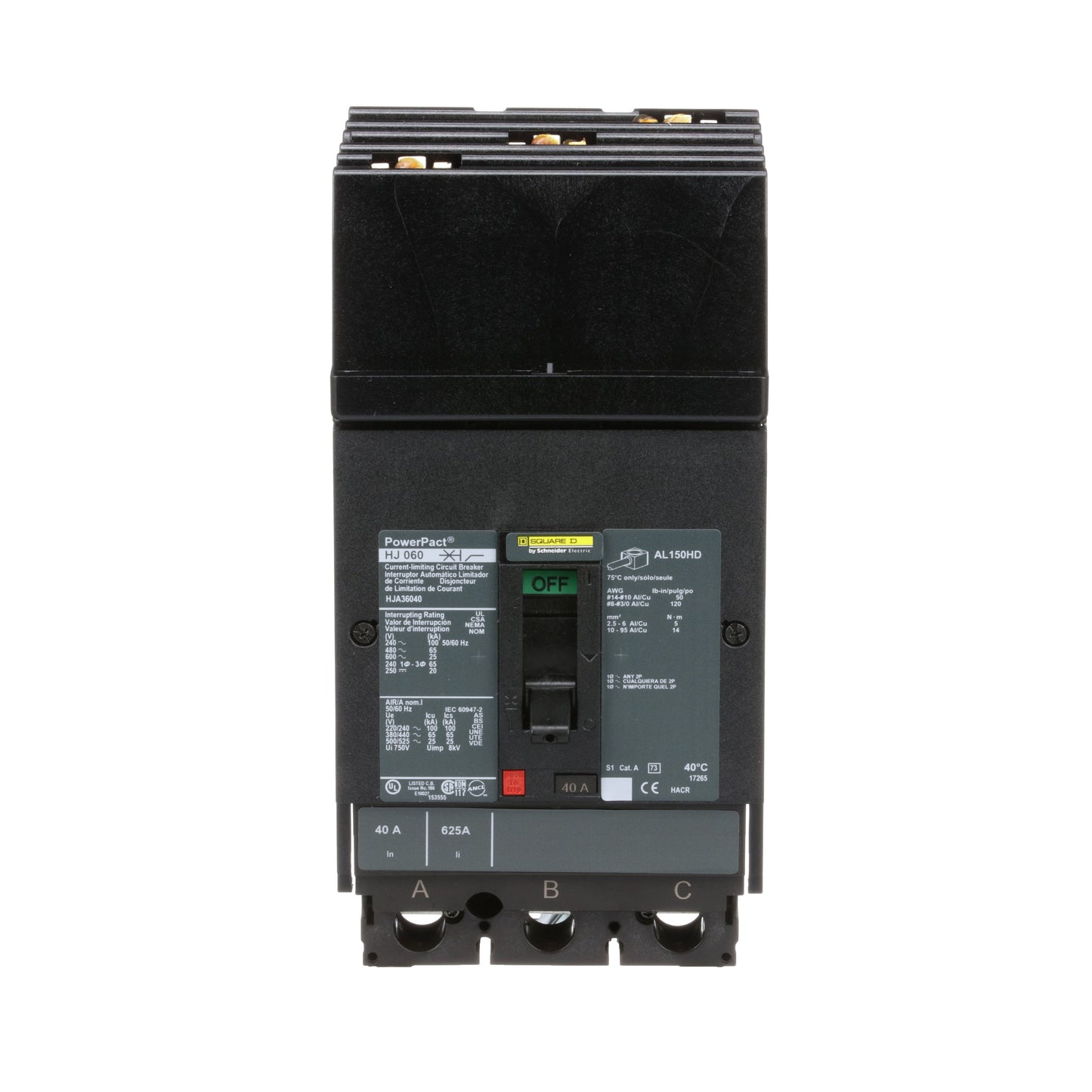 Square D HJA36040 Circuit Breaker | 600V 40A 3P 65kA@480V I-Line Style Plug-In Powerpact