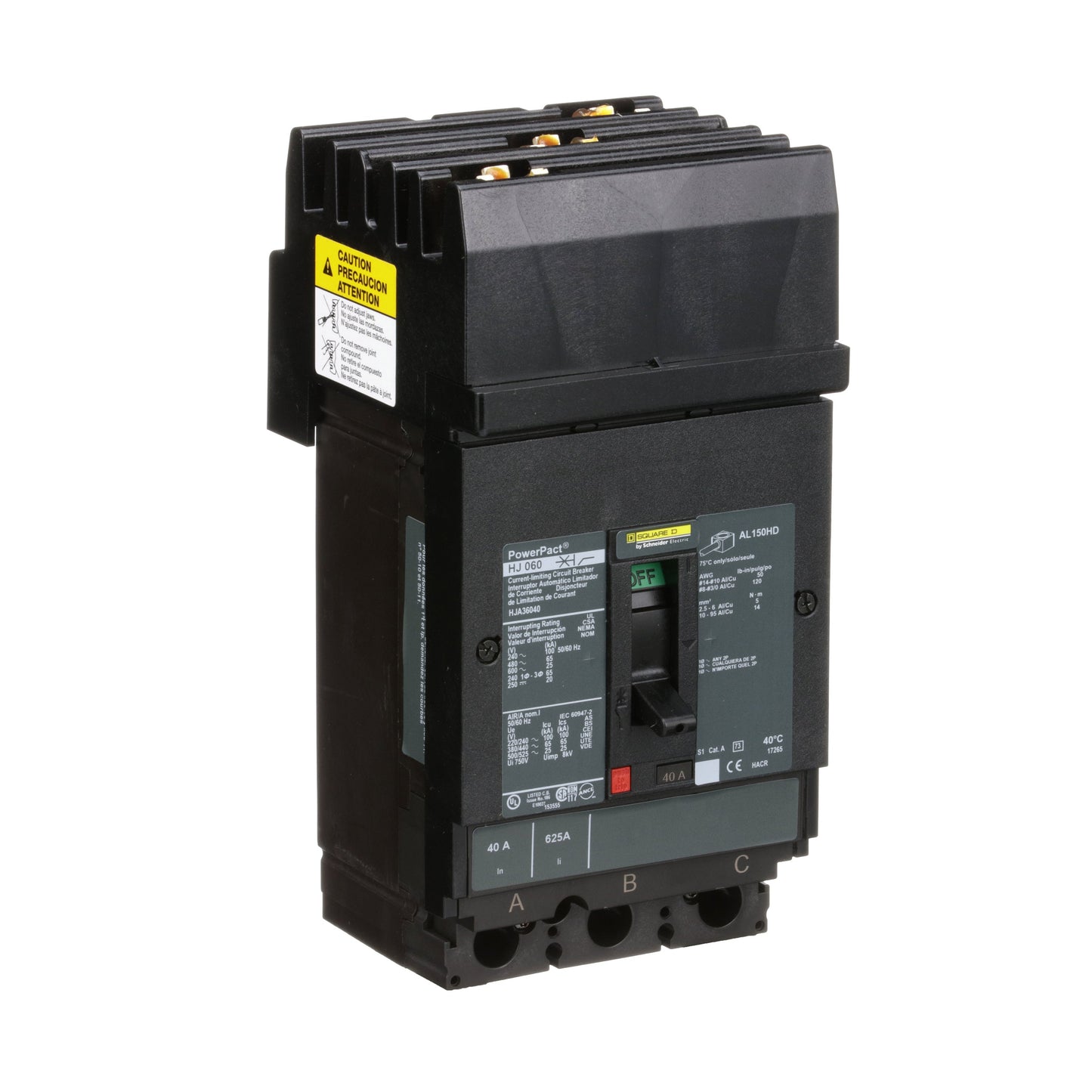 Square D HJA36040 Circuit Breaker | 600V 40A 3P 65kA@480V I-Line Style Plug-In Powerpact