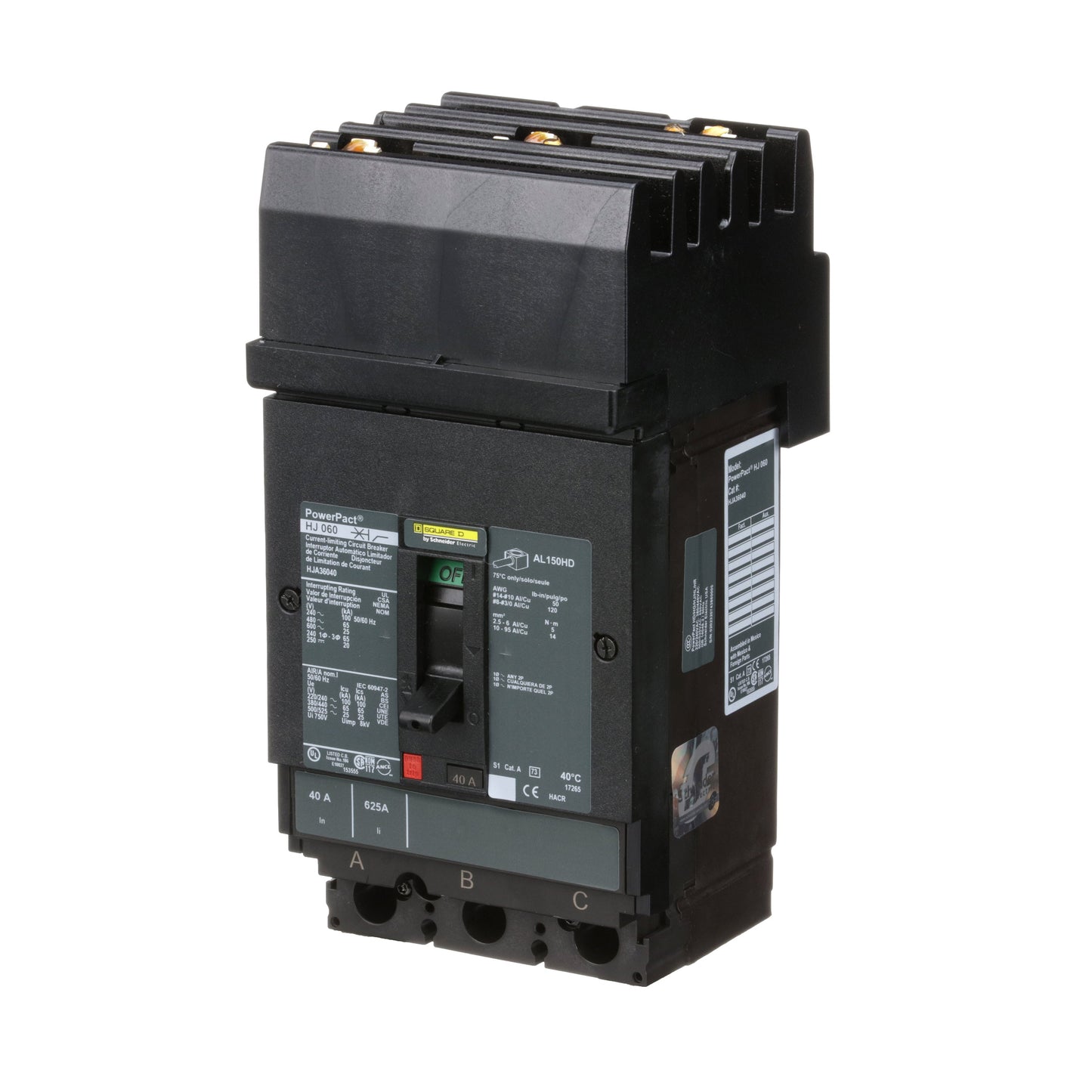 Square D HJA36040 Circuit Breaker | 600V 40A 3P 65kA@480V I-Line Style Plug-In Powerpact