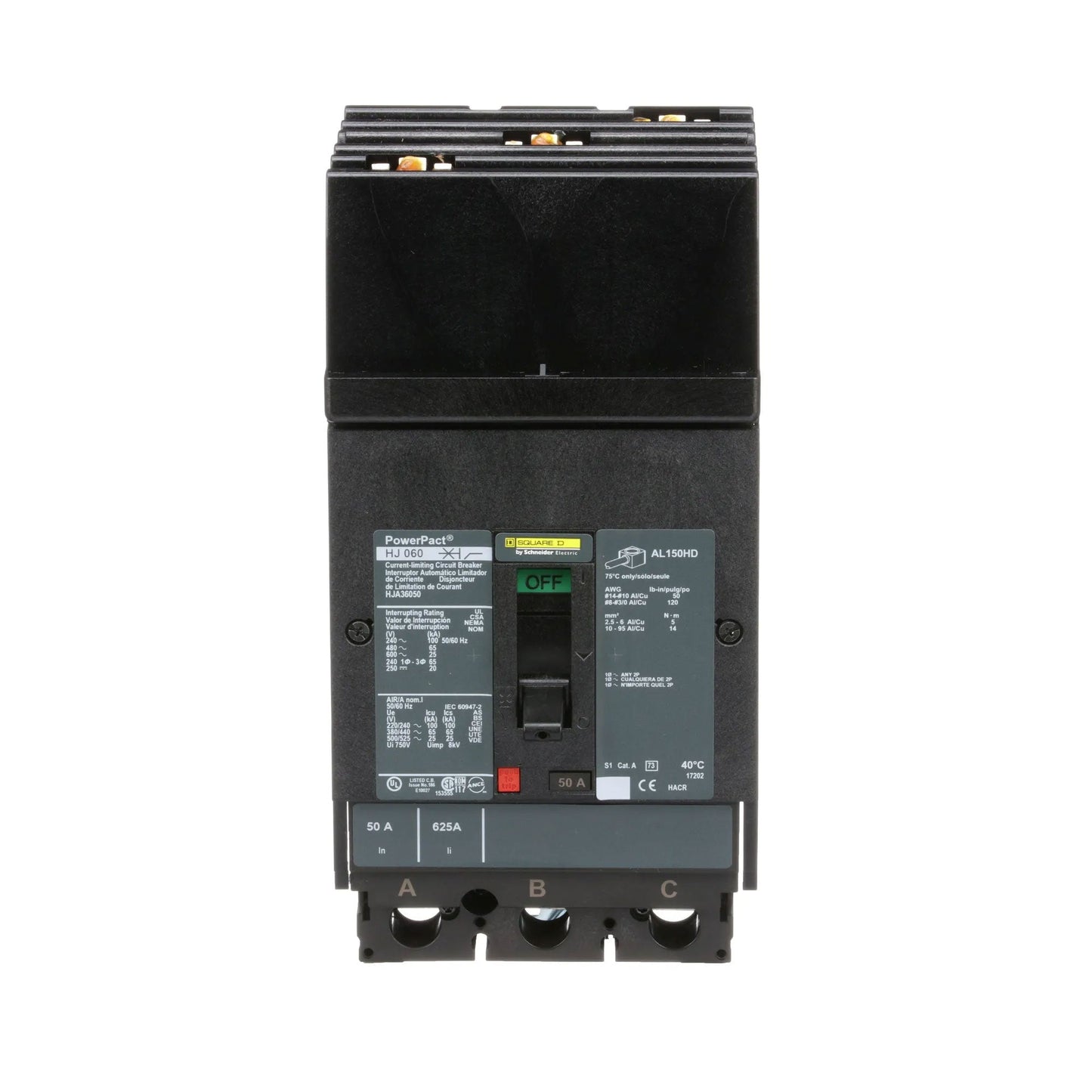Square D HJA36050 Circuit Breaker | 600V 50A 3P 65kA@480V I-Line Style Plug-In Powerpact
