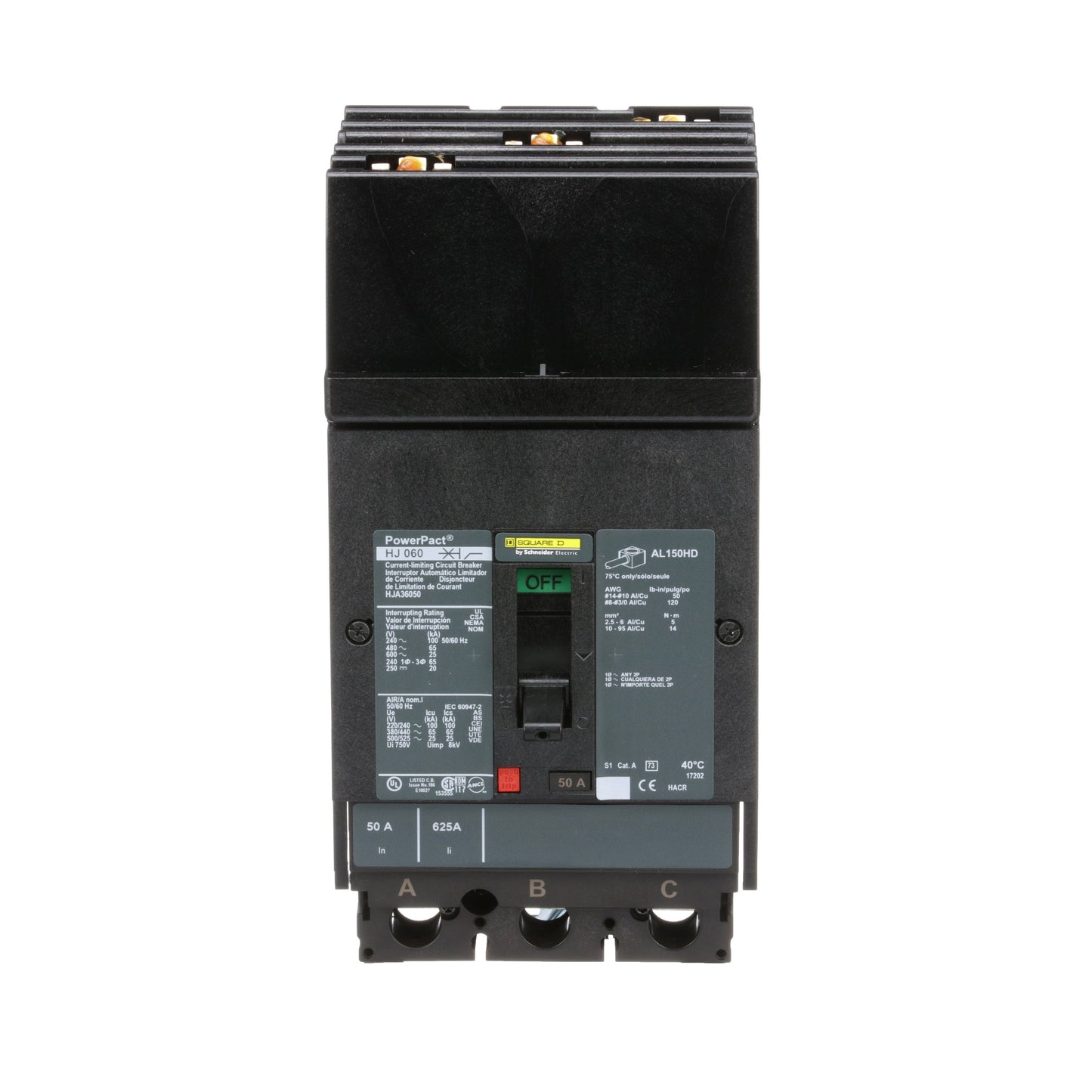 Square D HJA36050 Circuit Breaker | 600V 50A 3P 65kA@480V I-Line Style Plug-In Powerpact