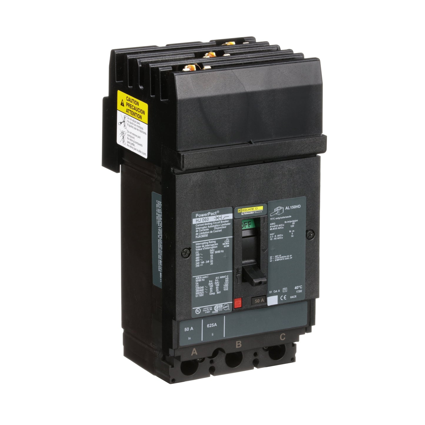 Square D HJA36050 Circuit Breaker | 600V 50A 3P 65kA@480V I-Line Style Plug-In Powerpact