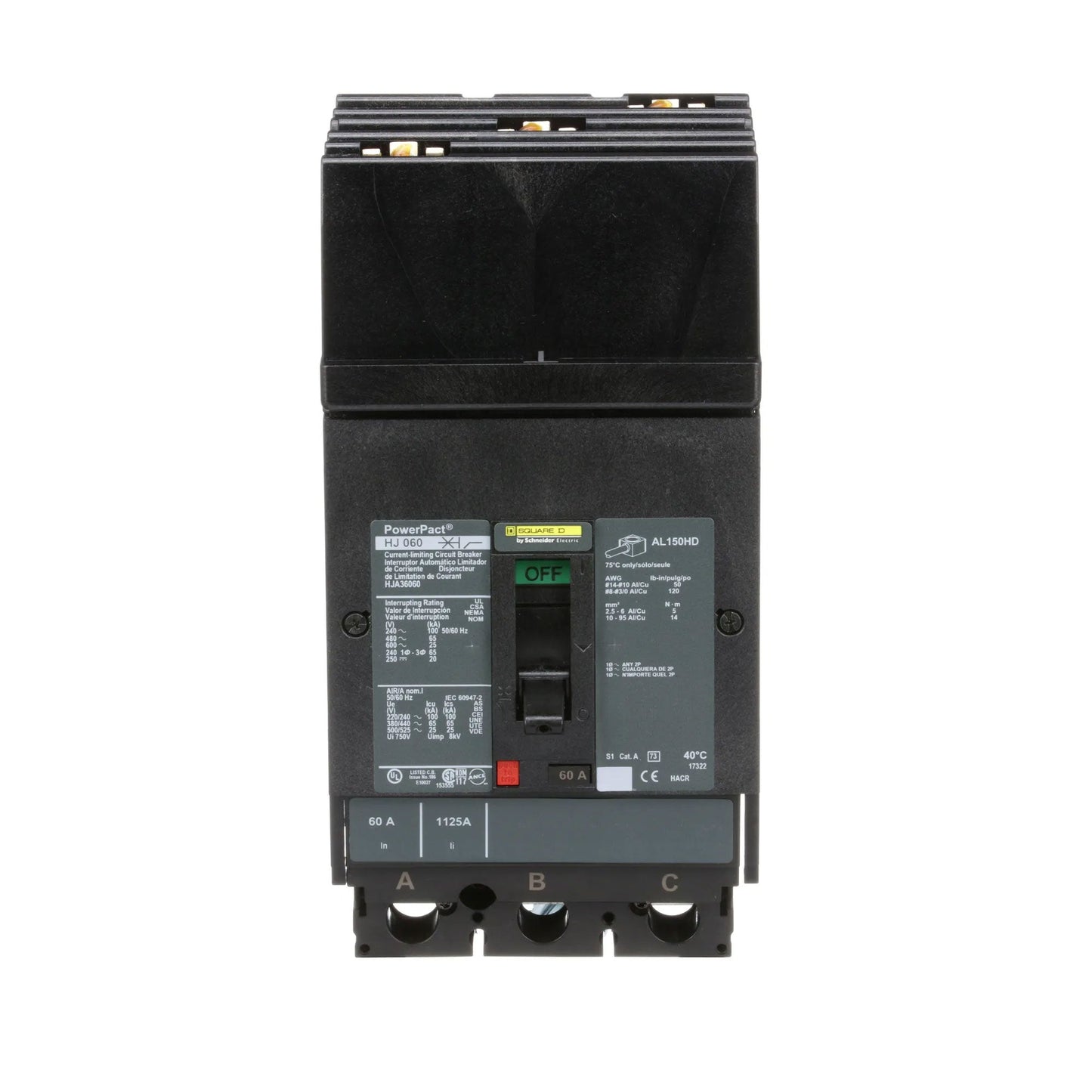 Square D HJA36060 Circuit Breaker | 600V 60A 3P 65kA@480V I-Line Style Plug-In Powerpact
