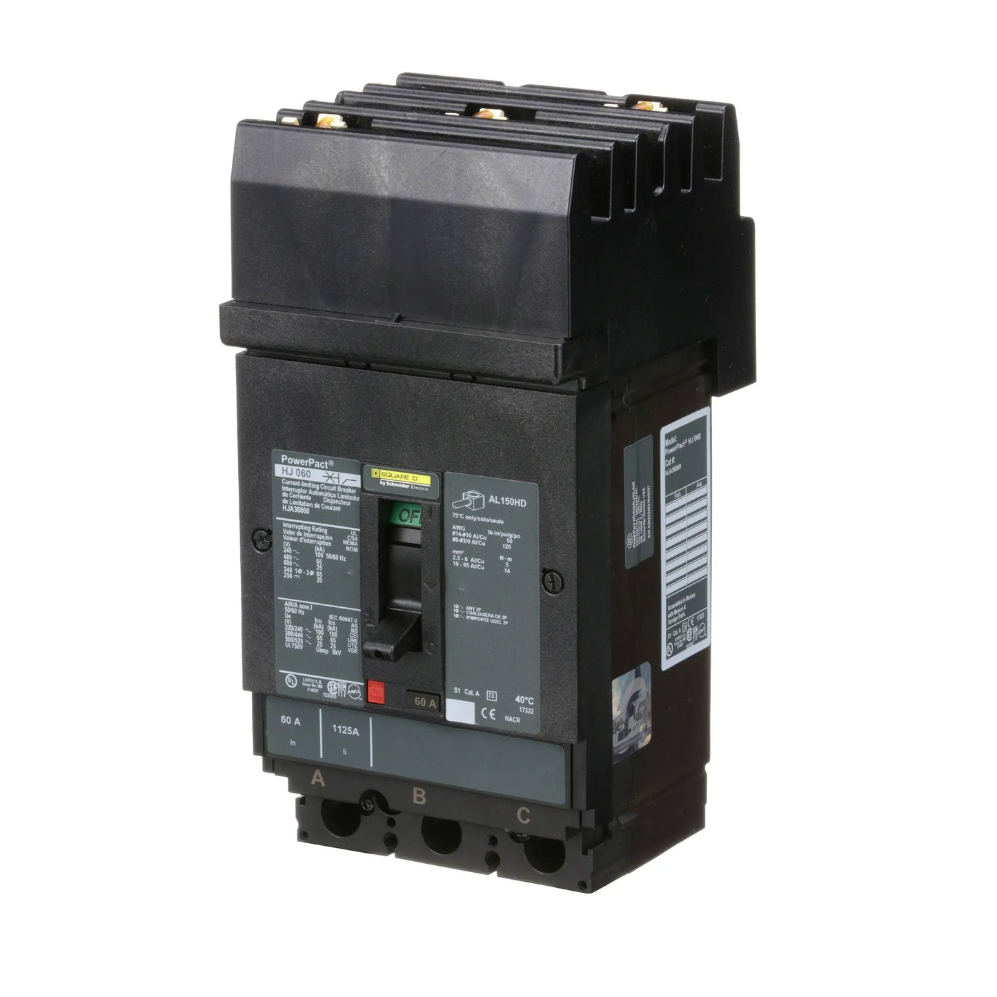 Square D HJA36060 Circuit Breaker | 600V 60A 3P 65kA@480V I-Line Style Plug-In Powerpact