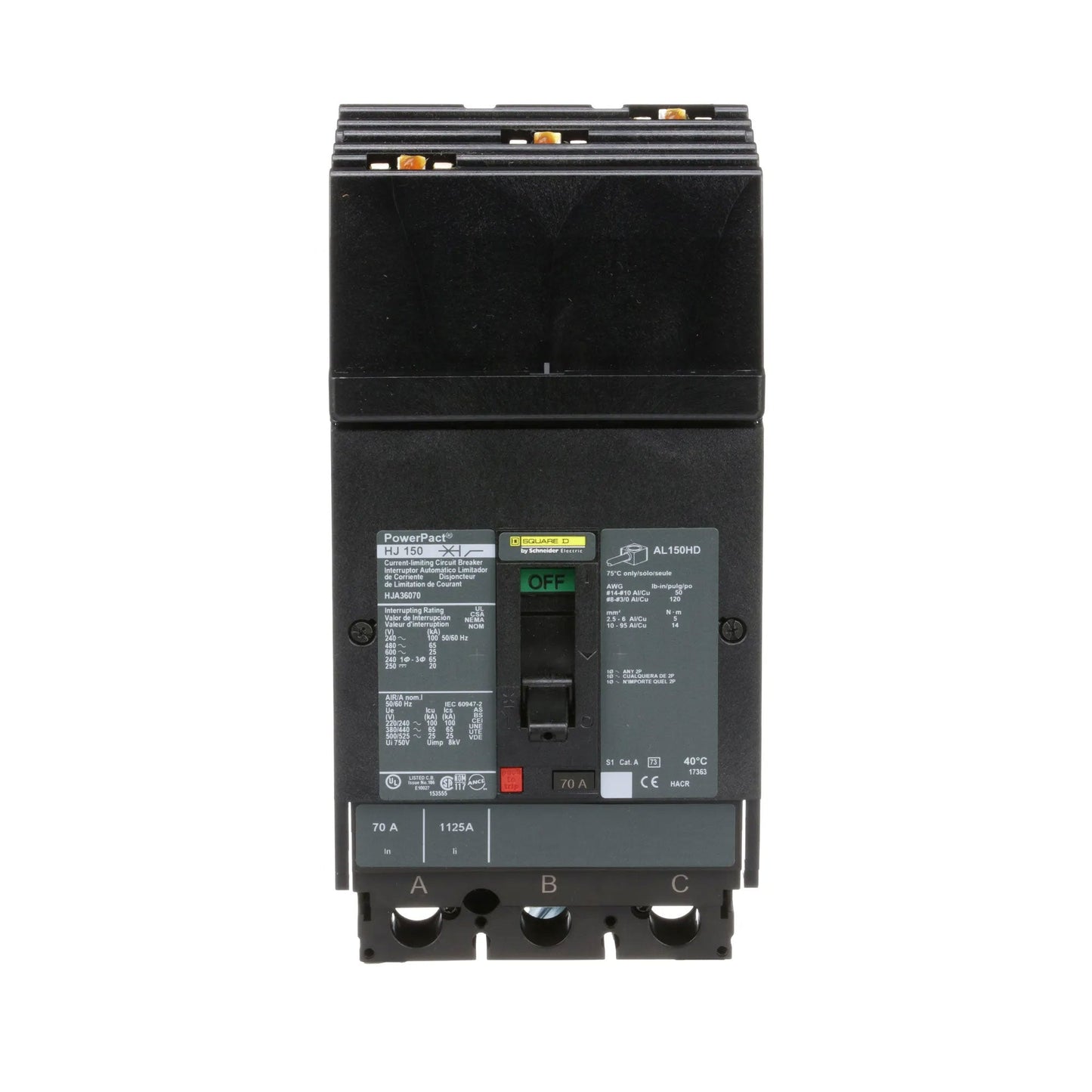 Square D HJA36070 Circuit Breaker | 600V 70A 3P 65kA@480V I-Line Style Plug-In Powerpact
