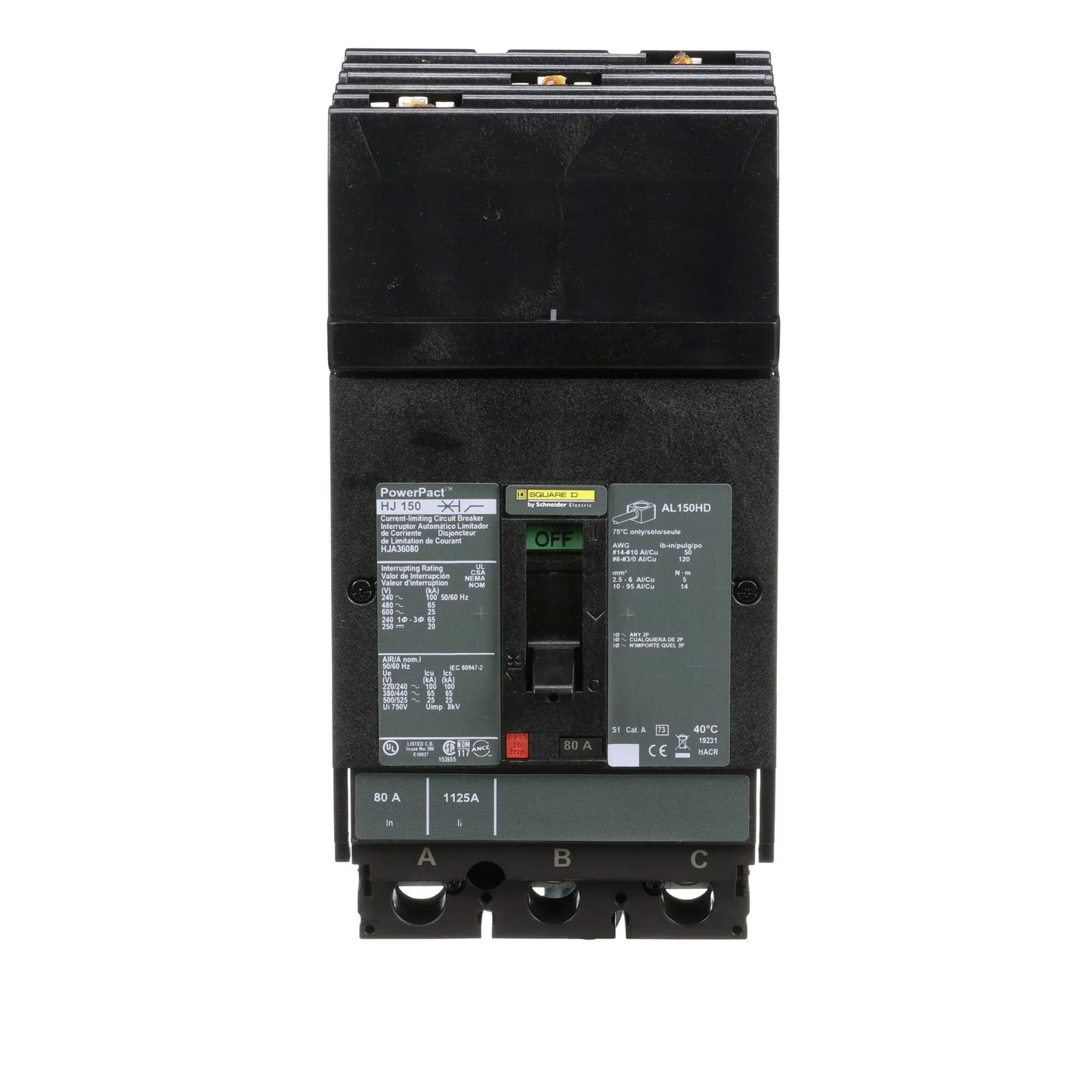 Square D HJA36080 Molded Case Circuit Breaker | 600V 80A 3P 65kA@480V I-Line Plug-In Powerpact