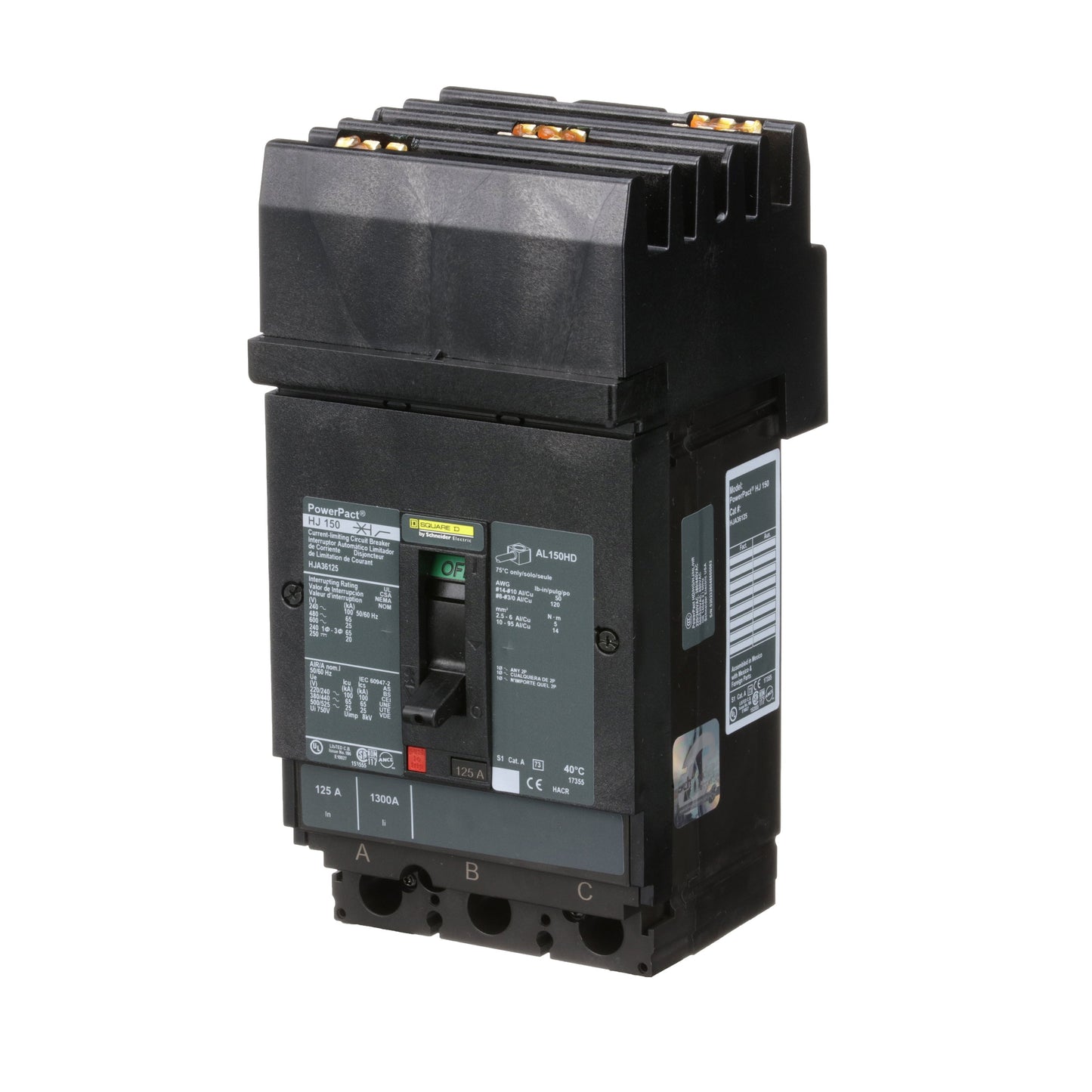 Square D HJA36125 Circuit Breaker | 600V 125A 3P 65kA@480V I-Line Style Plug-In Powerpact