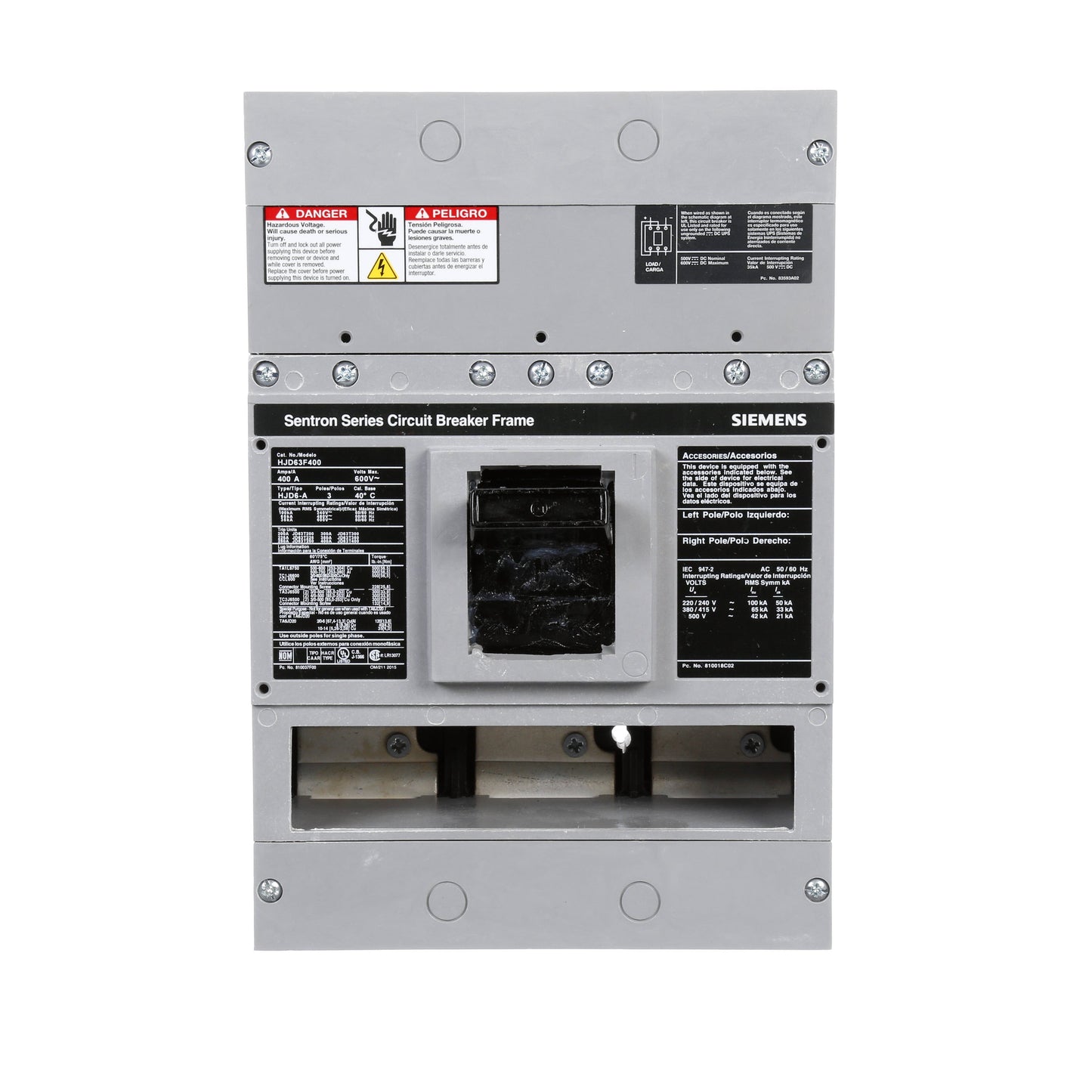 Siemens HJD63F400 Molded Case Circuit Breaker | 600V 400A 3P 65kA@480V Bolt-On Sentron Series