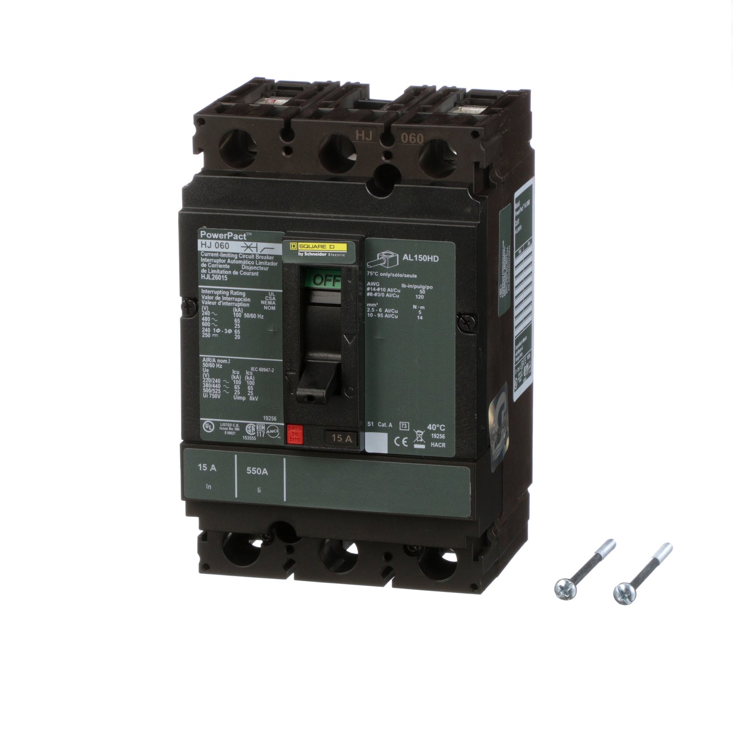 Square D HJL26015 Circuit Breaker | 600V 15A 2P 65kA@480V Feed-Thru Powerpact