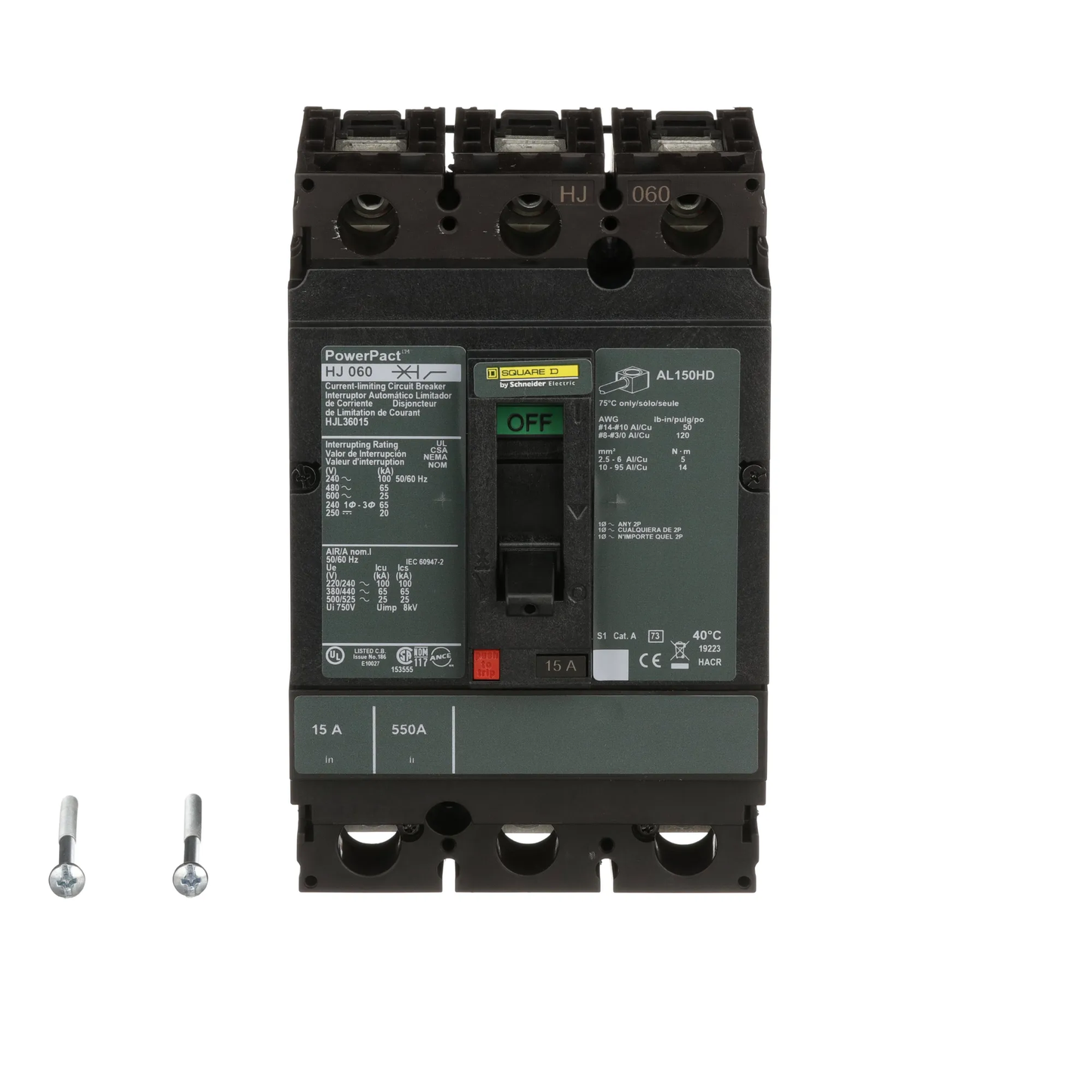 Square D HJL36015 Circuit Breaker | 600V 15A 3P 65kA@480V Feed-Thru Powerpact