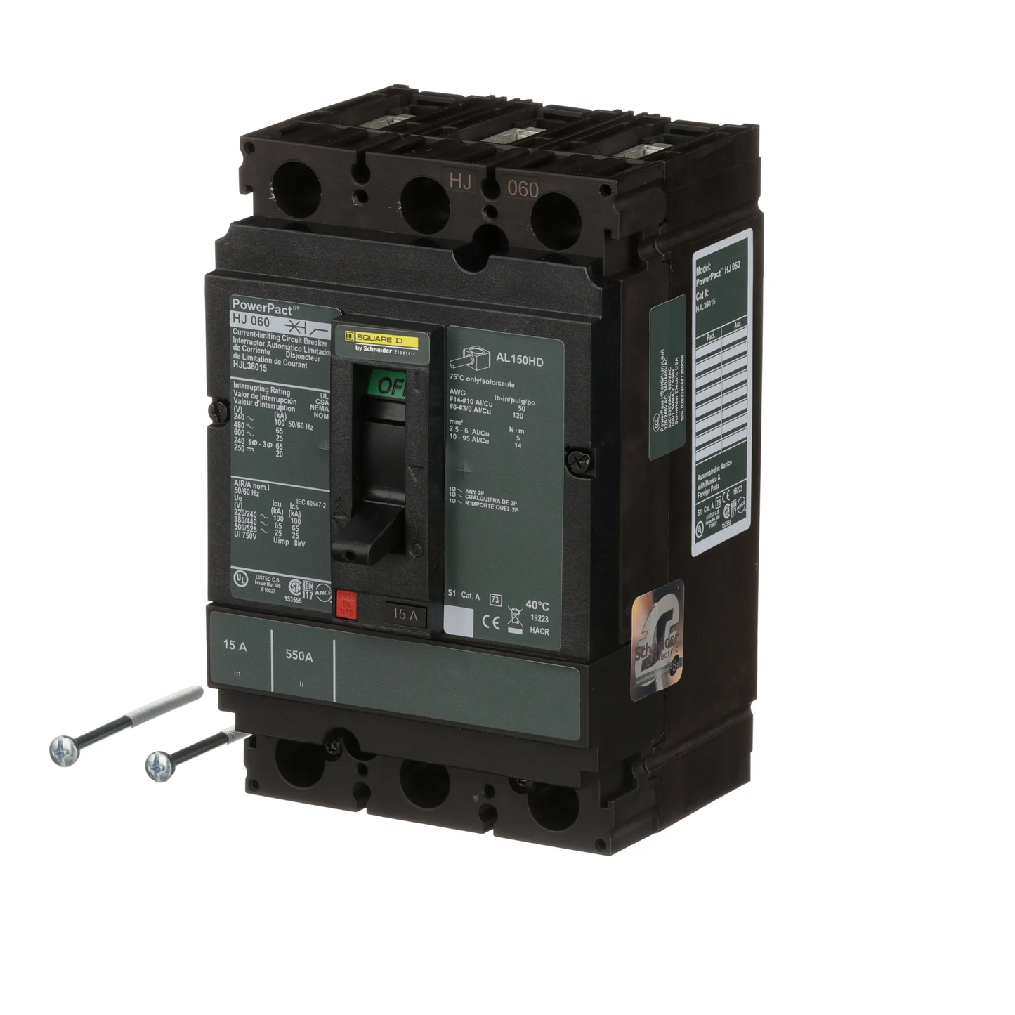 Square D HJL36015 Circuit Breaker | 600V 15A 3P 65kA@480V Feed-Thru Powerpact