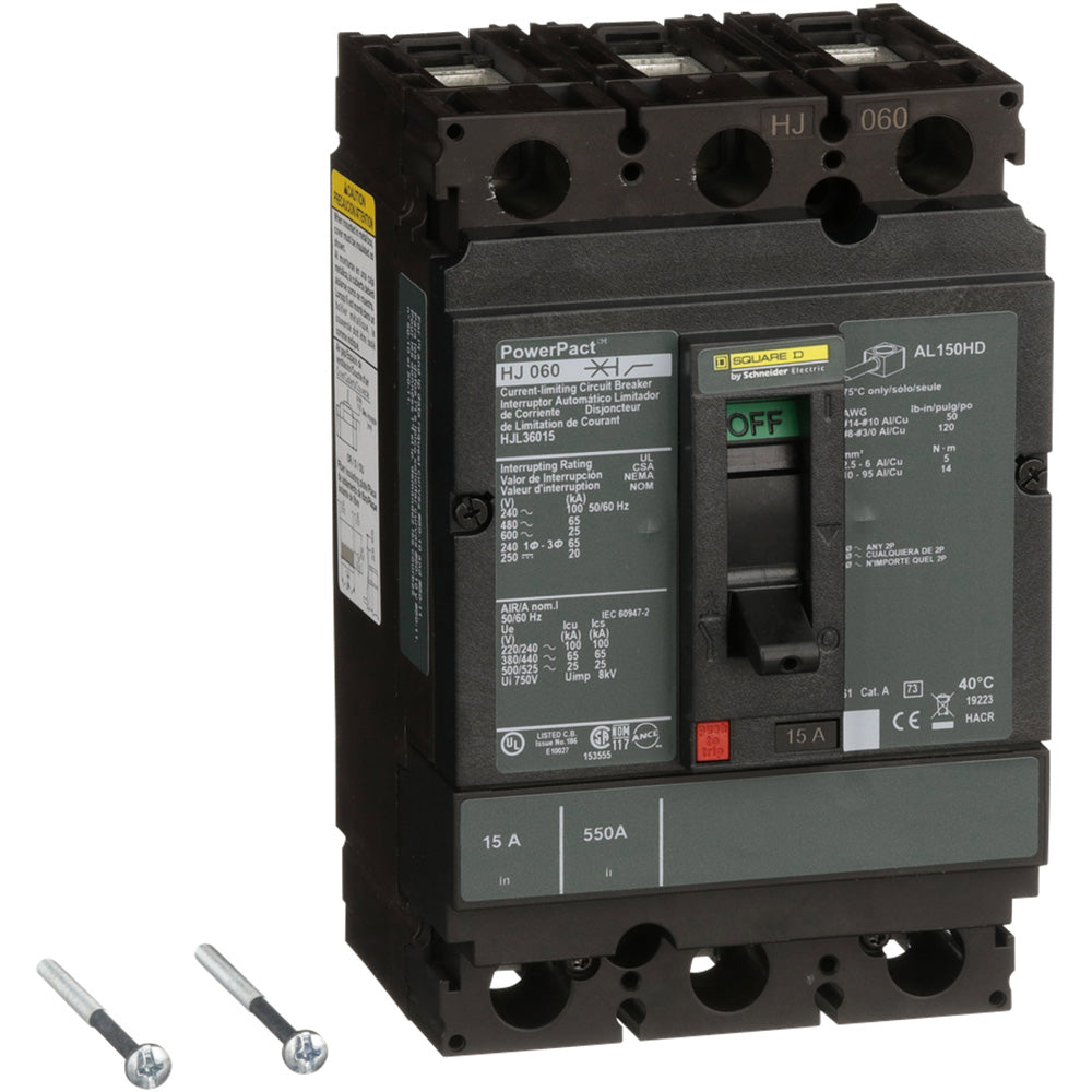 Square D HJL36015 Circuit Breaker | 600V 15A 3P 65kA@480V Feed-Thru Powerpact