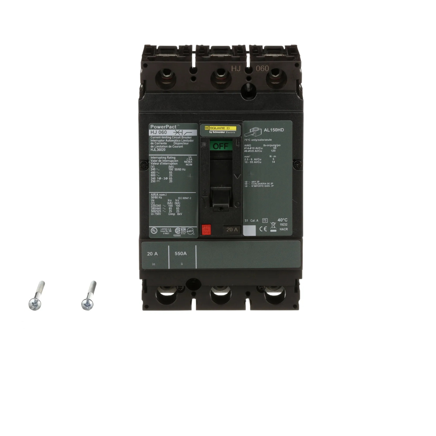 Square D HJL36020 Circuit Breaker | 600V 20A 3P 65kA@480V Feed-Thru Powerpact