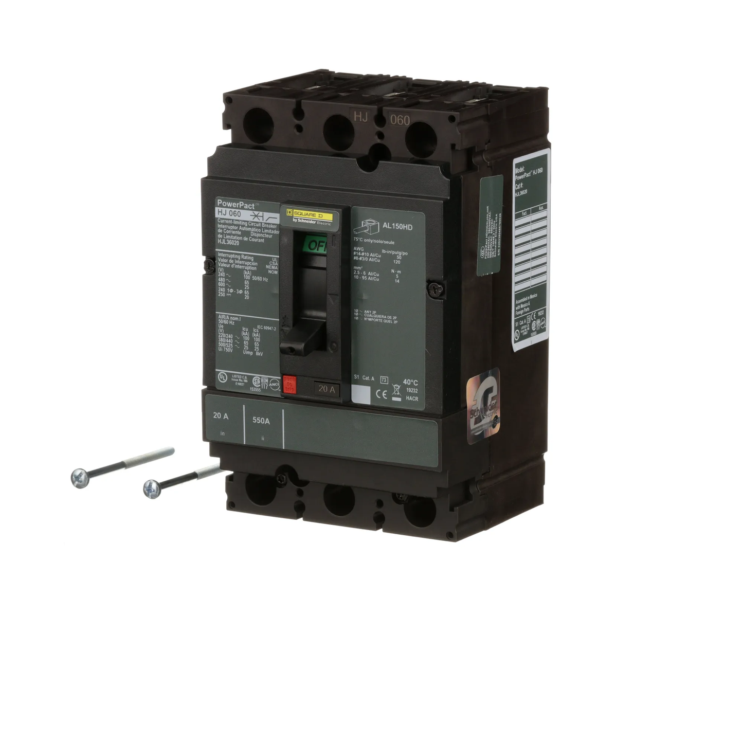 Square D HJL36020 Circuit Breaker | 600V 20A 3P 65kA@480V Feed-Thru Powerpact