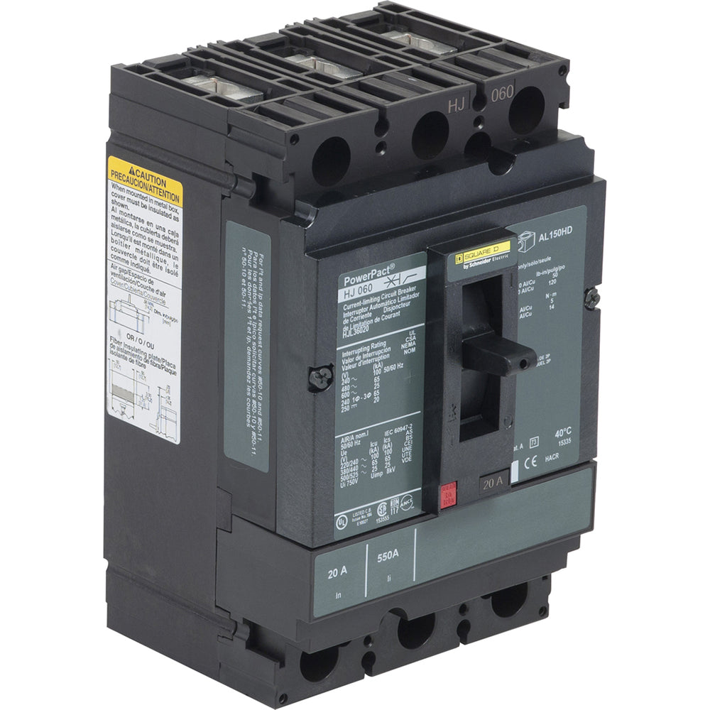Square D HJL36020 Circuit Breaker | 600V 20A 3P 65kA@480V Feed-Thru Powerpact
