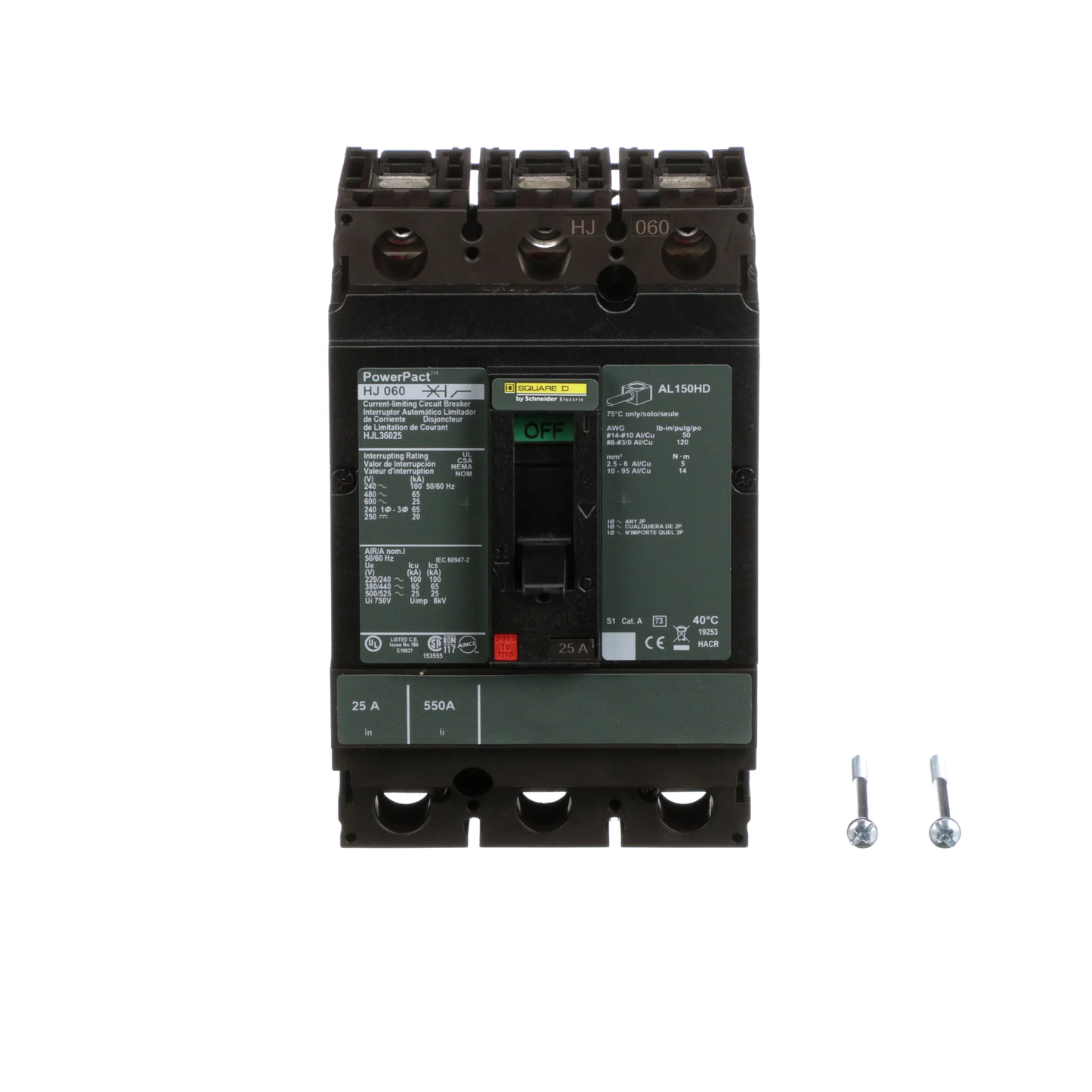 Square D HJL36025 Circuit Breaker | 600V 25A 3P 65kA@480V Feed-Thru Powerpact
