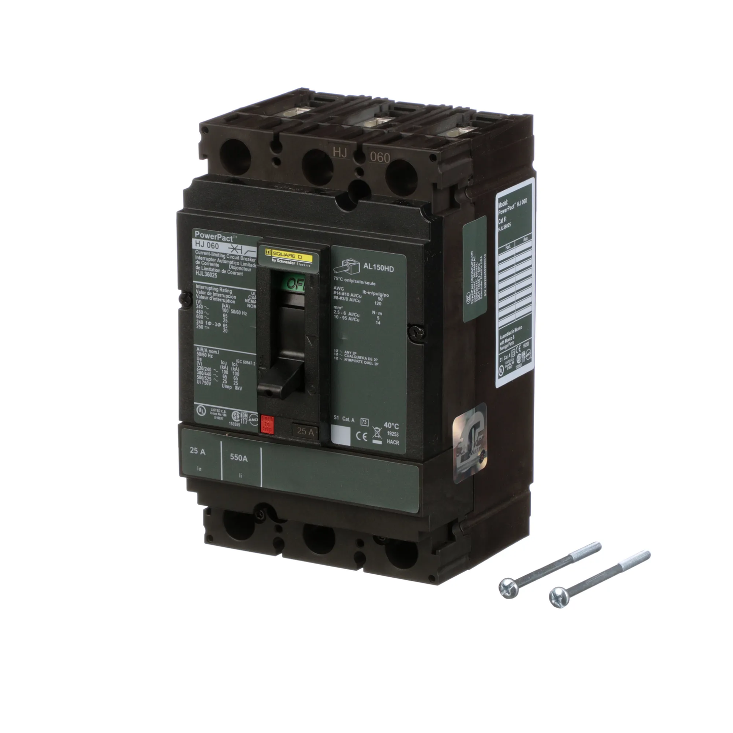 Square D HJL36025 Circuit Breaker | 600V 25A 3P 65kA@480V Feed-Thru Powerpact
