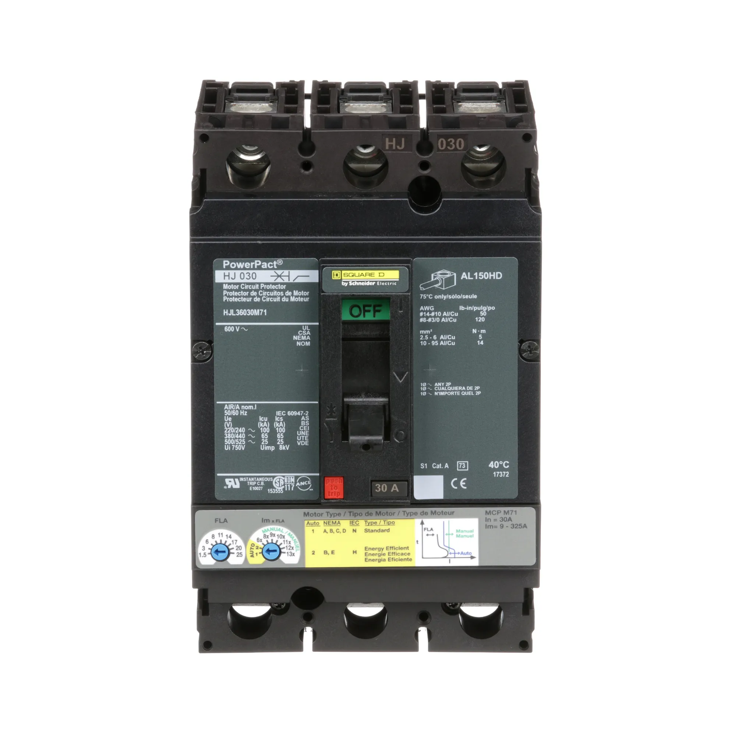 Square D HJL36030M71 Circuit Breaker | 600V 30A 3P 65kA@480V Feed-Thru Powerpact
