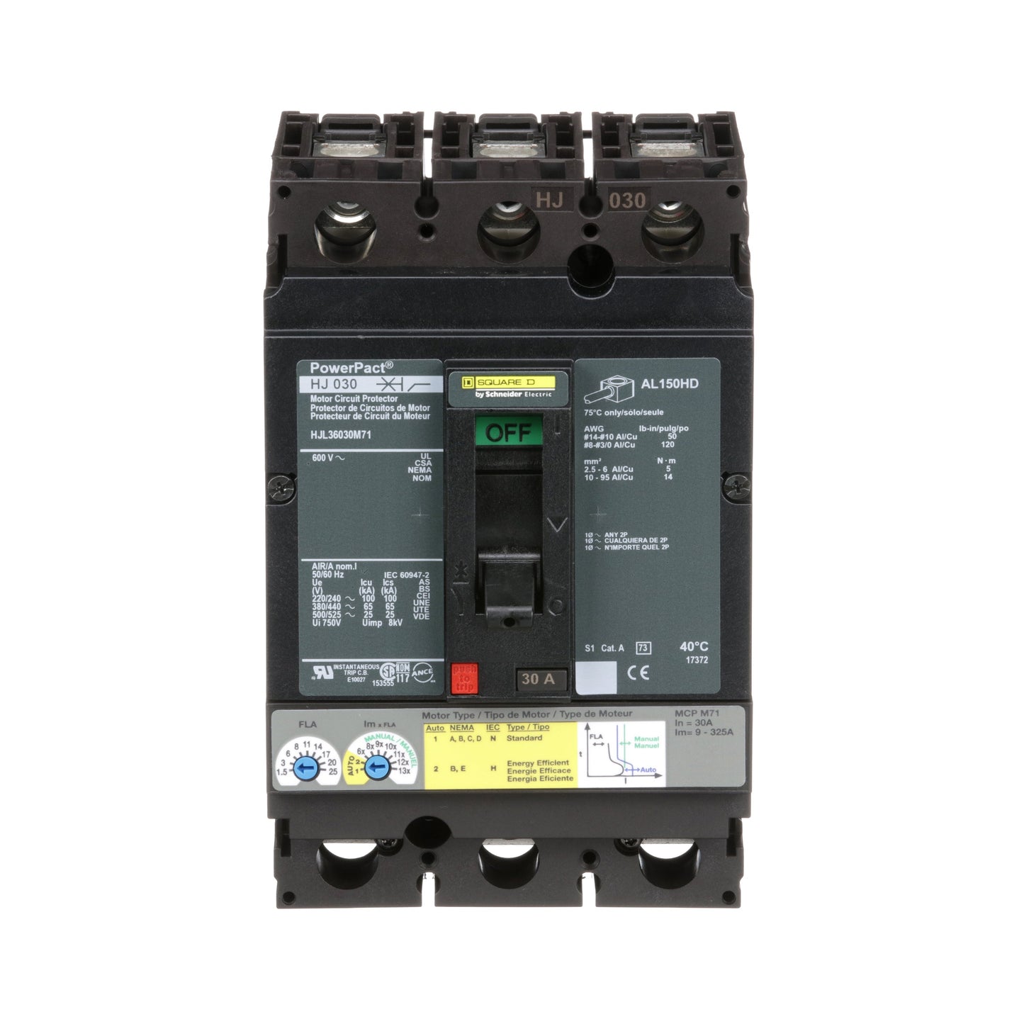 Square D HJL36030M71 Circuit Breaker | 600V 30A 3P 65kA@480V Feed-Thru Powerpact