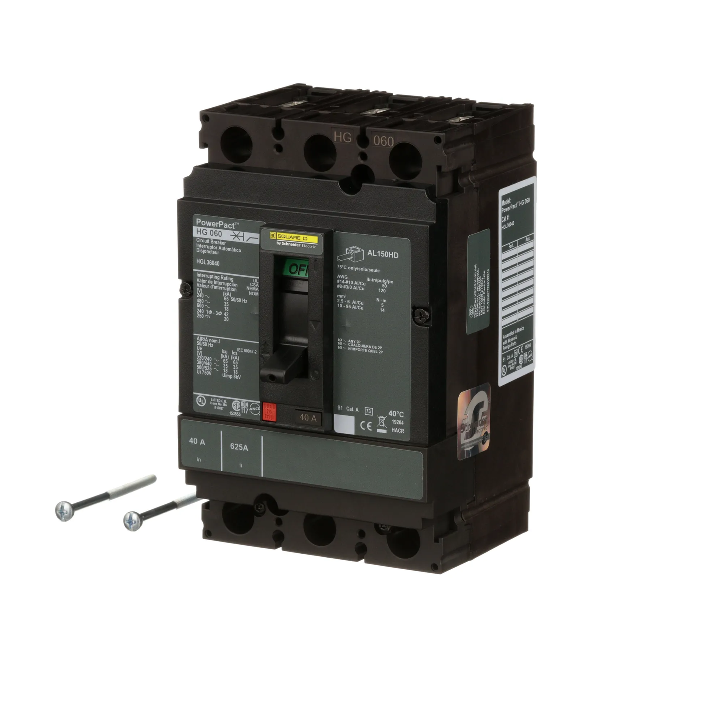 Square D HJL36040 Circuit Breaker | 600V 40A 3P 65kA@480V Feed-Thru Powerpact