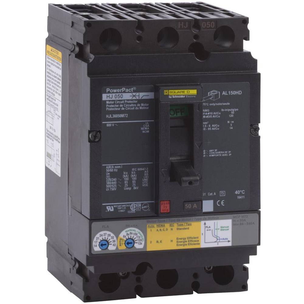 Square D HJL36050M72 Circuit Breaker | 600V 50A 3 Pole 65kA@480V Powerpact