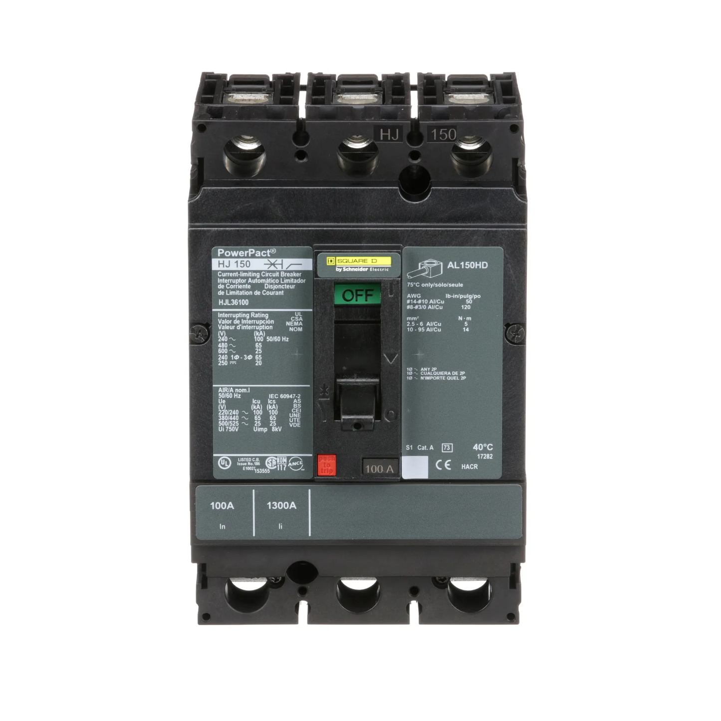 Square D HJL36100 Circuit Breaker | 600V 100A 3P 65kA@480V Feed-Thru Powerpact