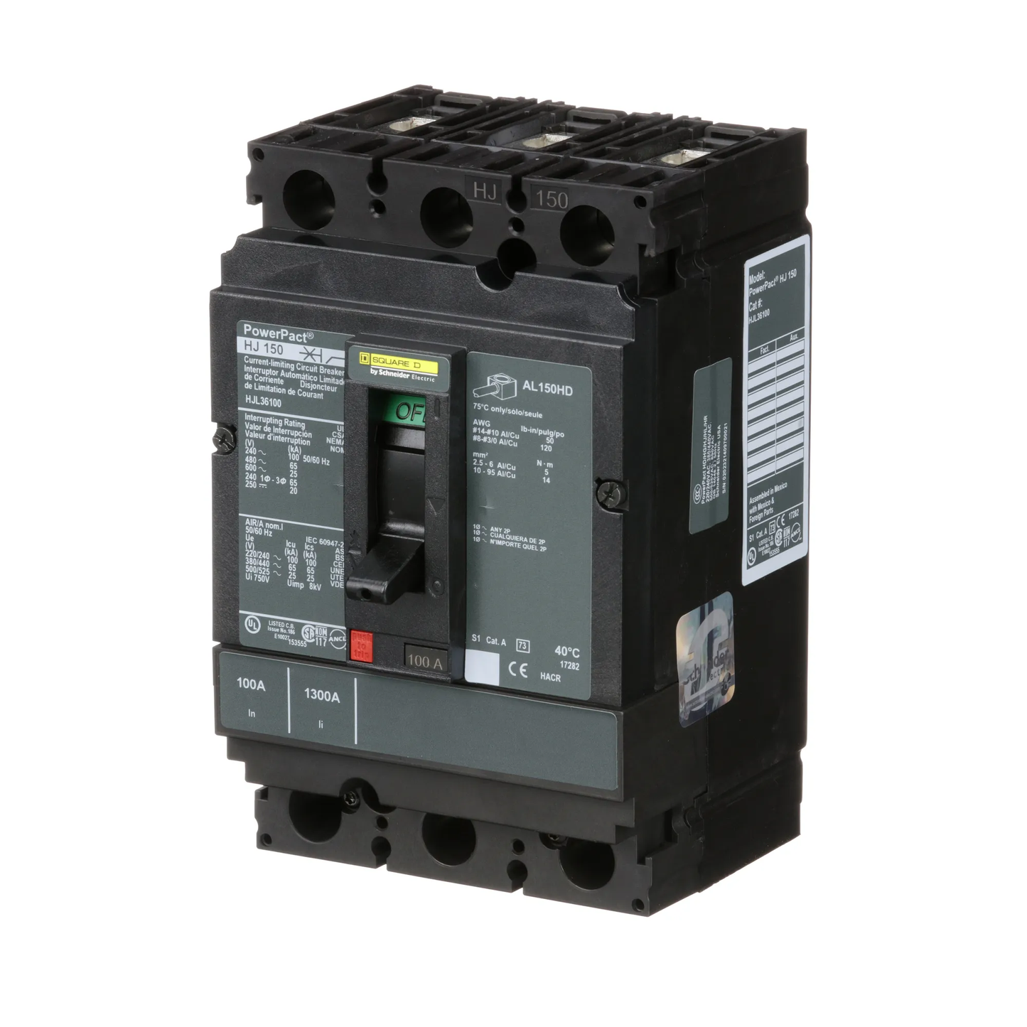 Square D HJL36100 Circuit Breaker | 600V 100A 3P 65kA@480V Feed-Thru Powerpact
