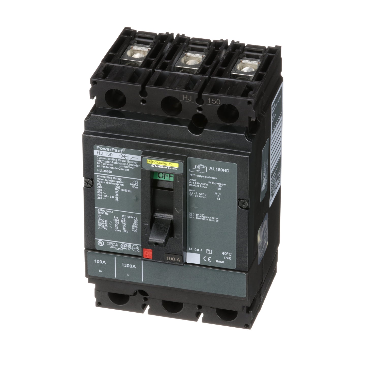 Square D HJL36100 Circuit Breaker | 600V 100A 3P 65kA@480V Feed-Thru Powerpact